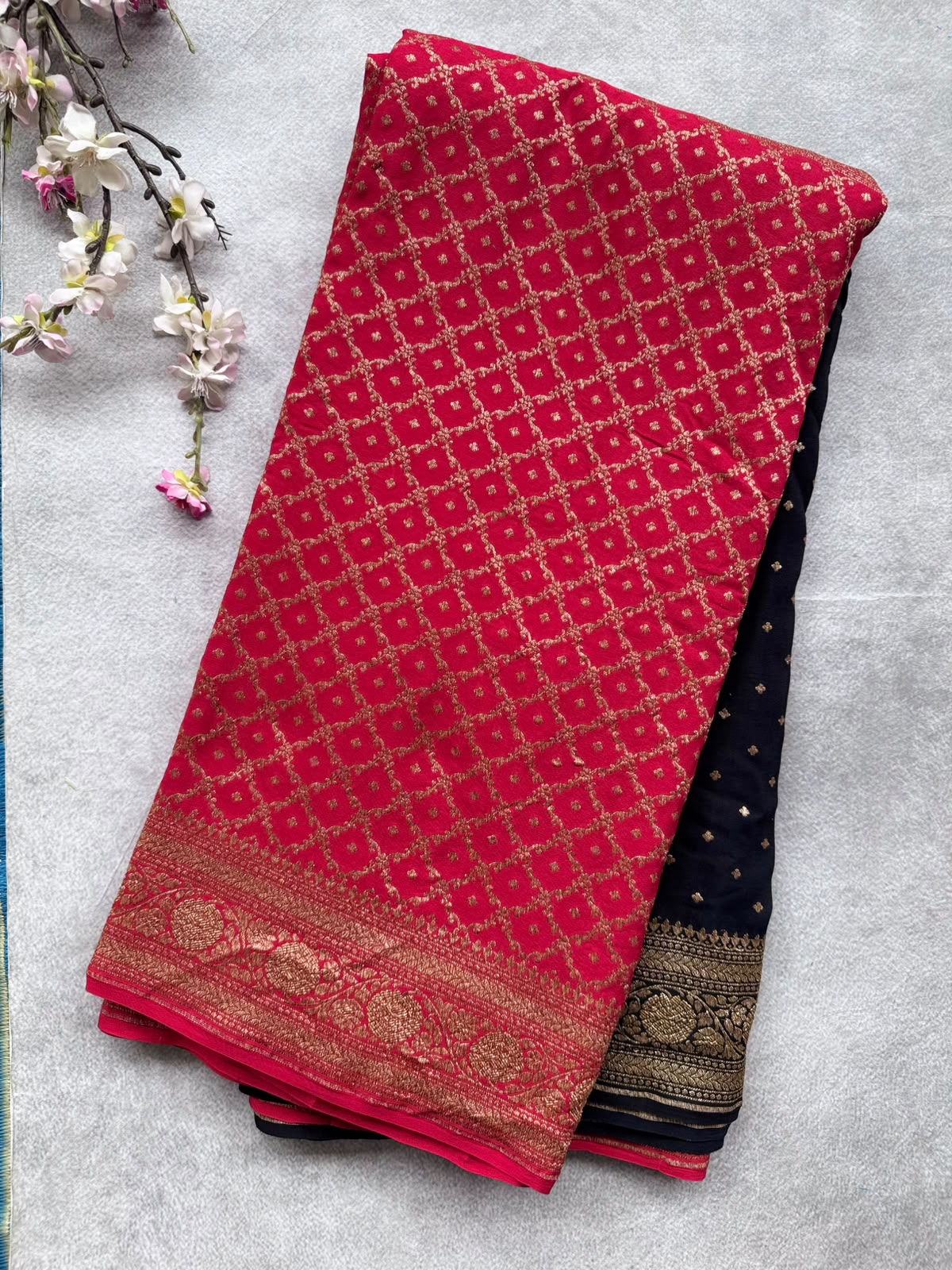 Red n Black Half n Half Pure Benarasi Crepe Saree 109