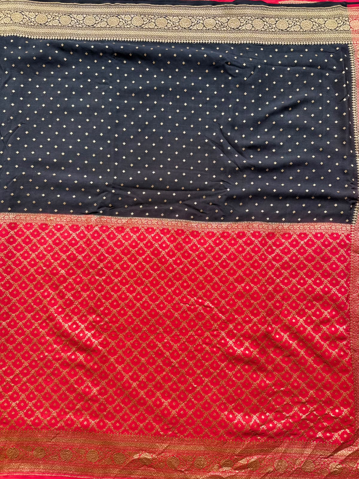 Red n Black Half n Half Pure Benarasi Crepe Saree 109