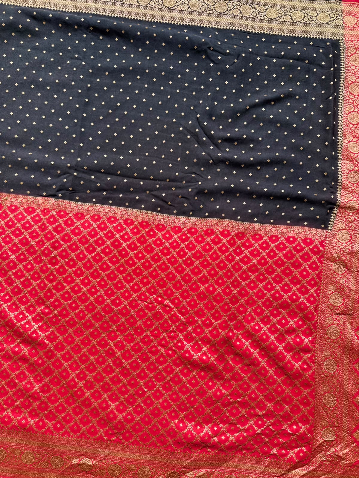 Red n Black Half n Half Pure Benarasi Crepe Saree 109