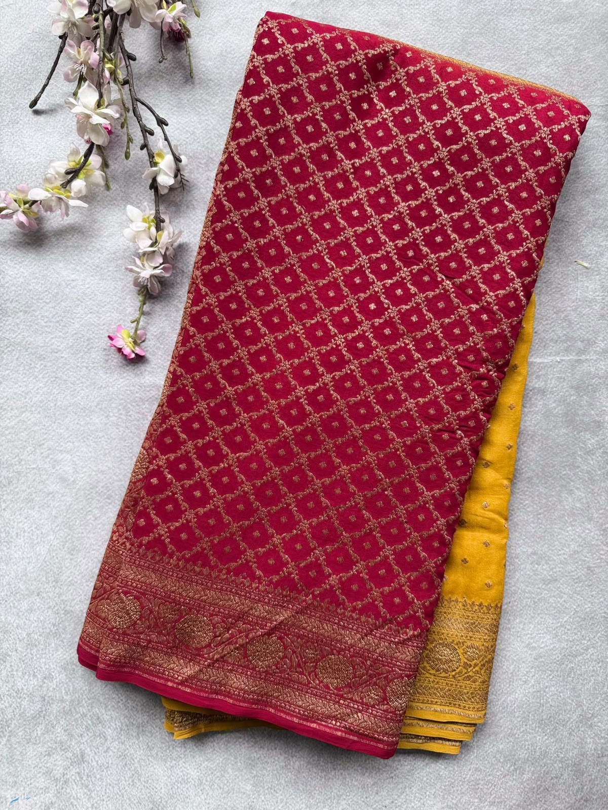 Red n Mustard Yellow Half n Half Pure Benarasi Crepe Saree 109