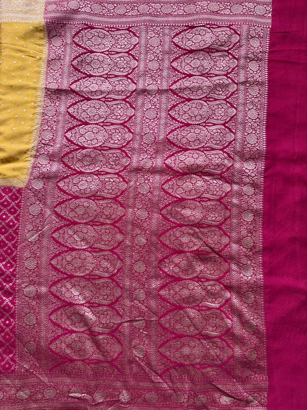 Red n Mustard Yellow Half n Half Pure Benarasi Crepe Saree 109