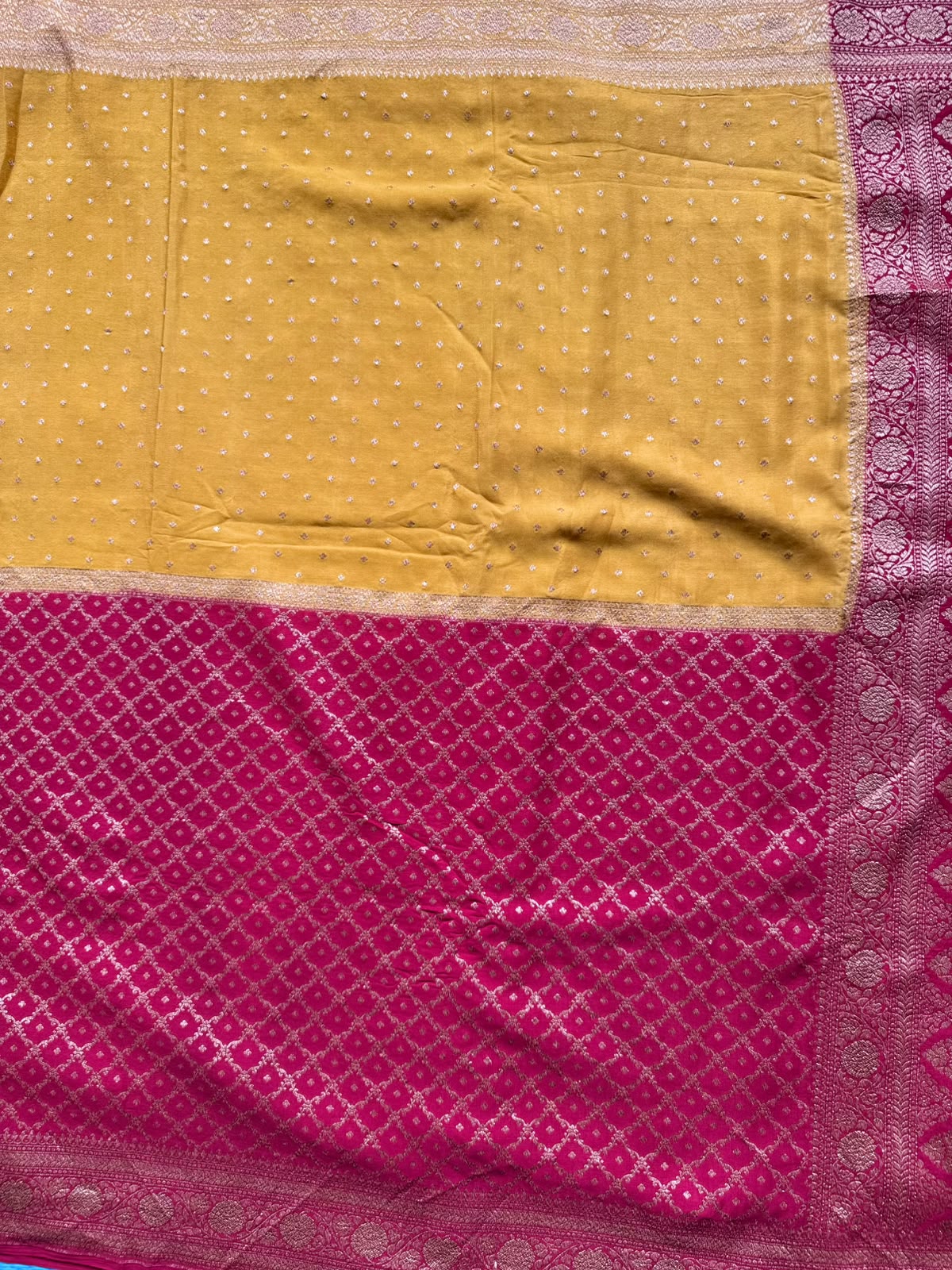 Red n Mustard Yellow Half n Half Pure Benarasi Crepe Saree 109