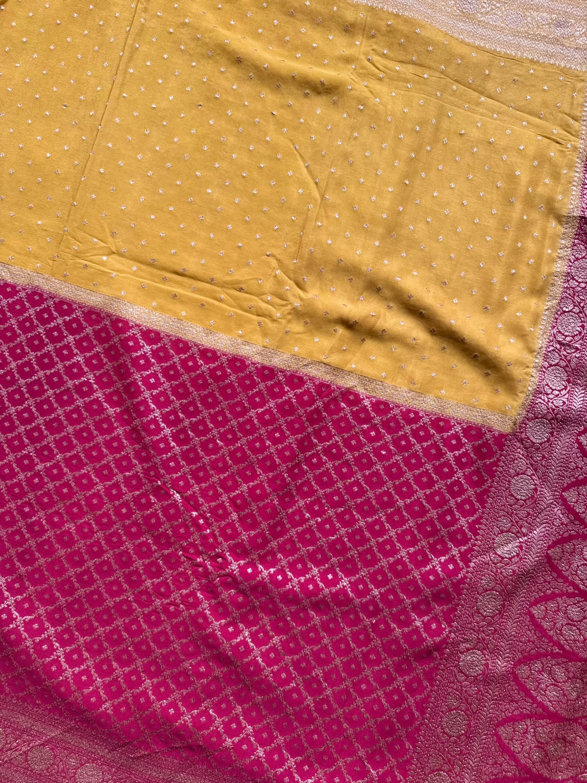 Red n Mustard Yellow Half n Half Pure Benarasi Crepe Saree 109