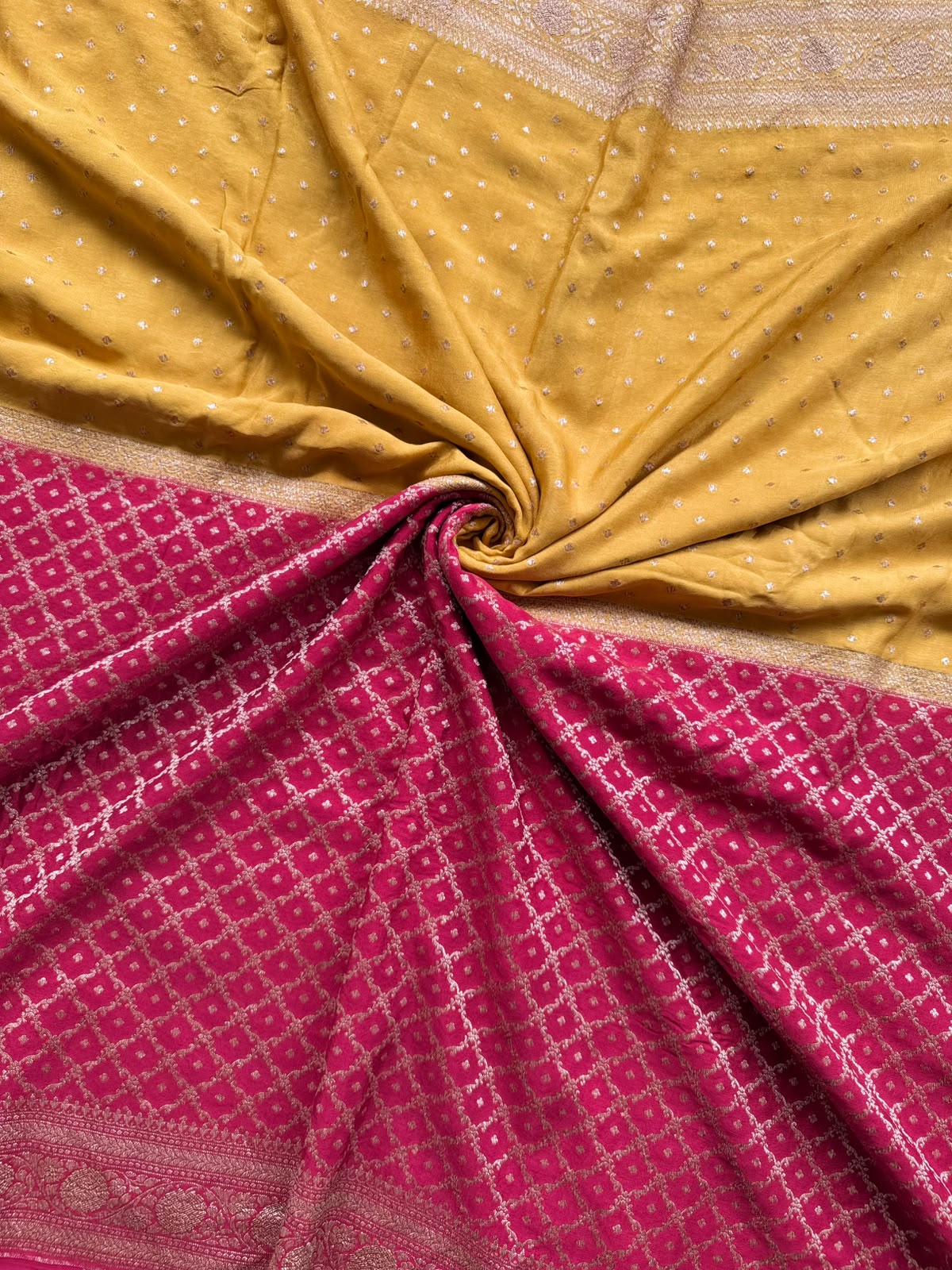 Red n Mustard Yellow Half n Half Pure Benarasi Crepe Saree 109
