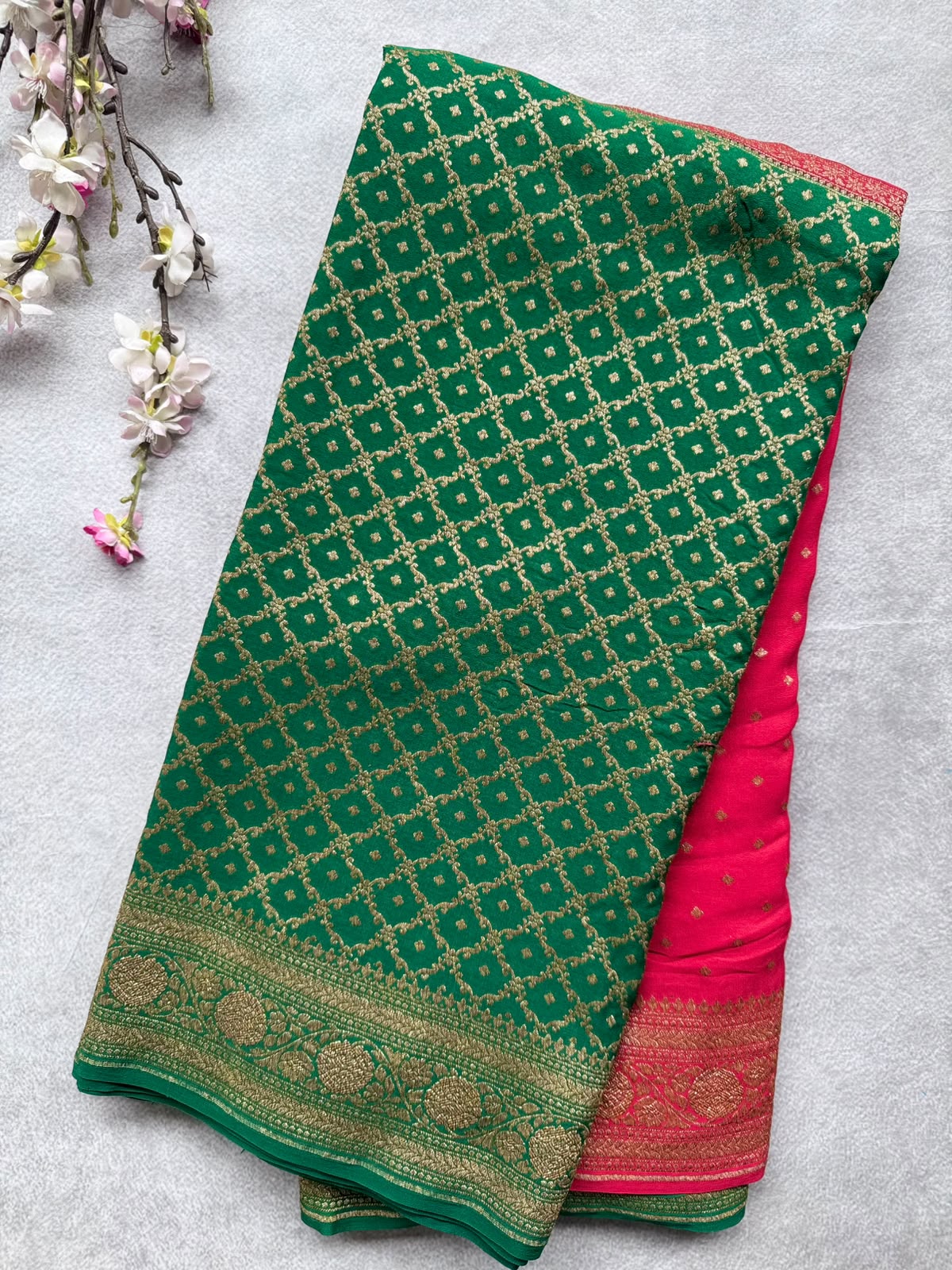 Green n Red Half n Half Pure Benarasi Crepe Saree 109