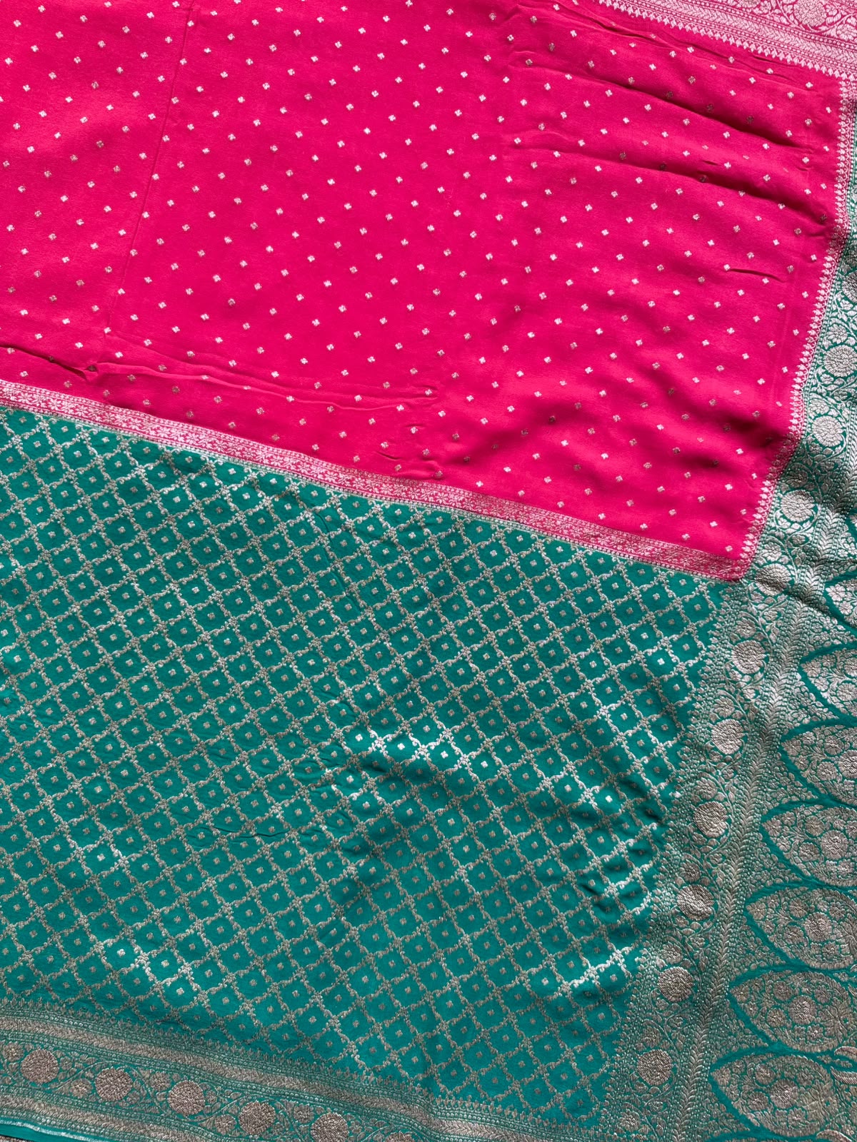 Green n Red Half n Half Pure Benarasi Crepe Saree 109