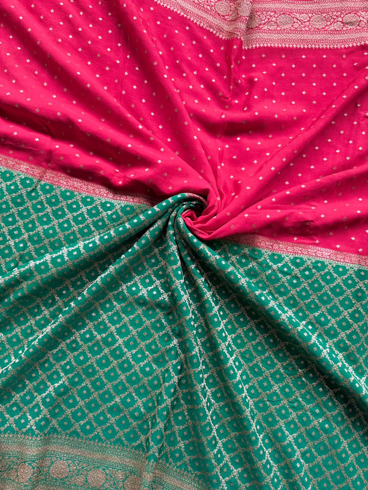 Green n Red Half n Half Pure Benarasi Crepe Saree 109
