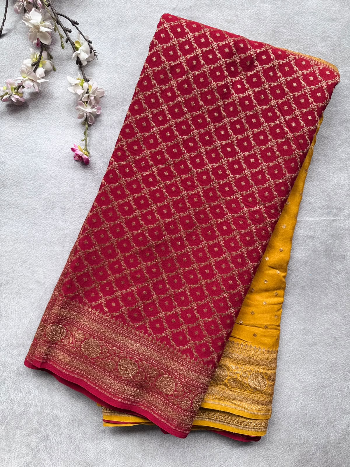 Red n Mustard Half n Half Pure Benarasi Crepe Saree 109