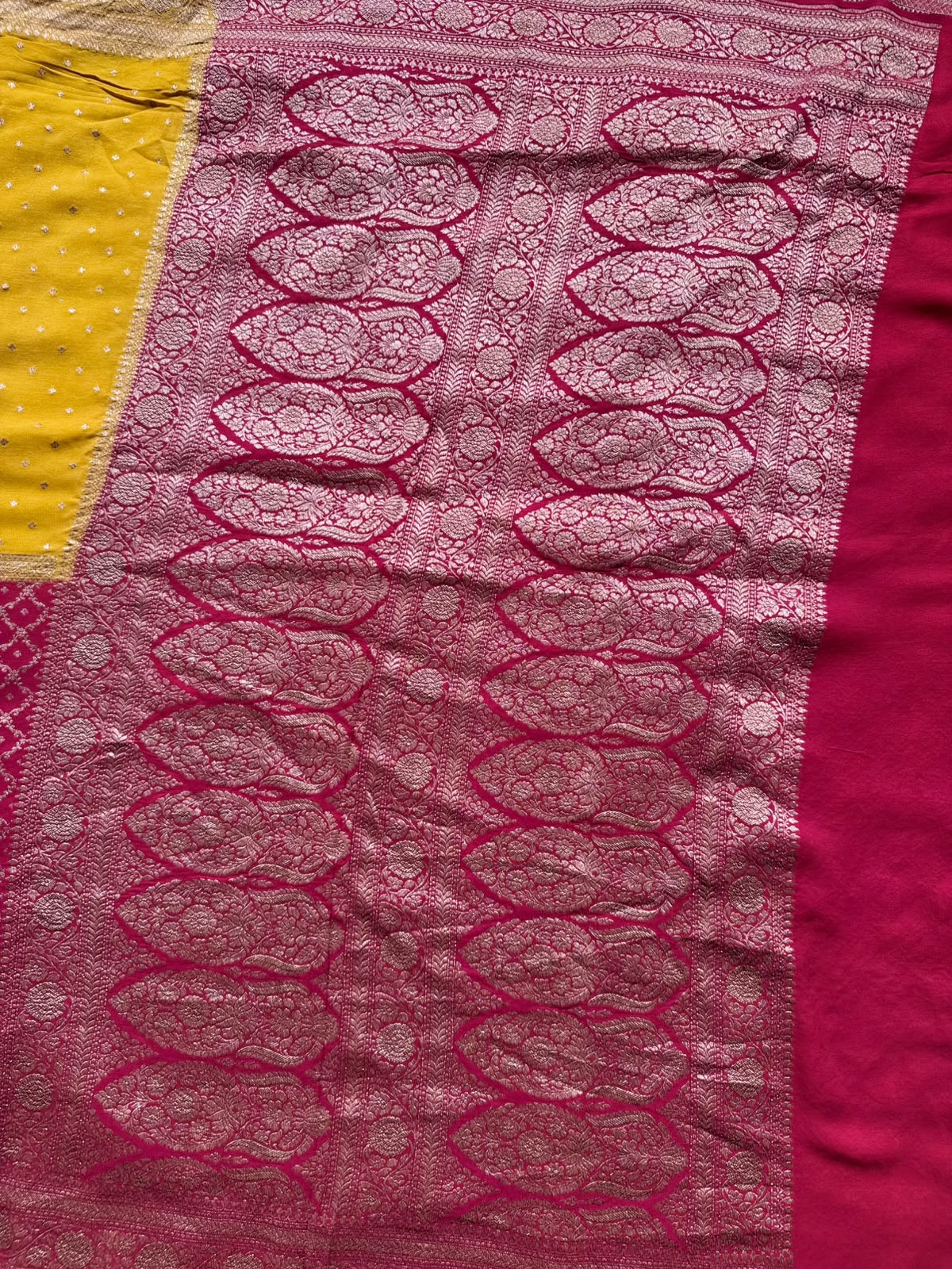 Red n Mustard Half n Half Pure Benarasi Crepe Saree 109