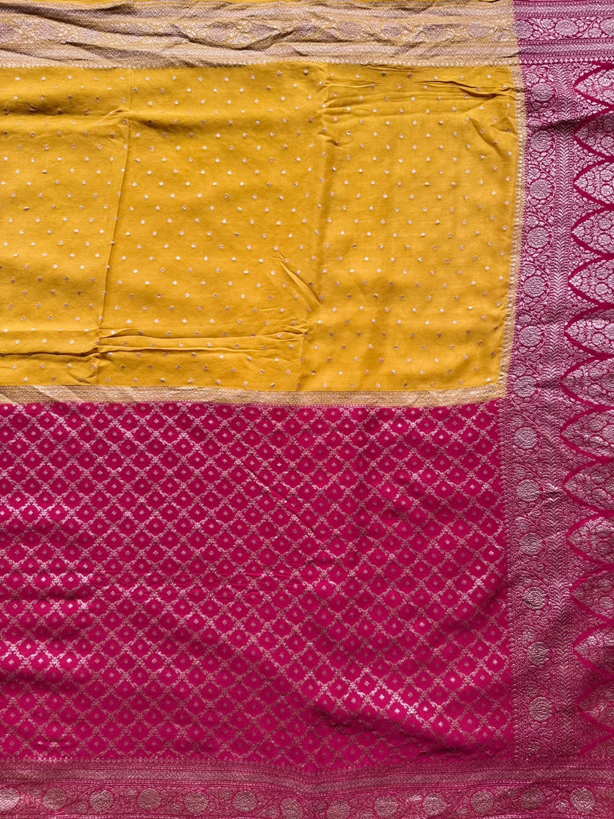 Red n Mustard Half n Half Pure Benarasi Crepe Saree 109