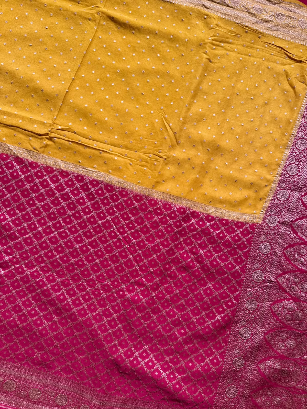 Red n Mustard Half n Half Pure Benarasi Crepe Saree 109