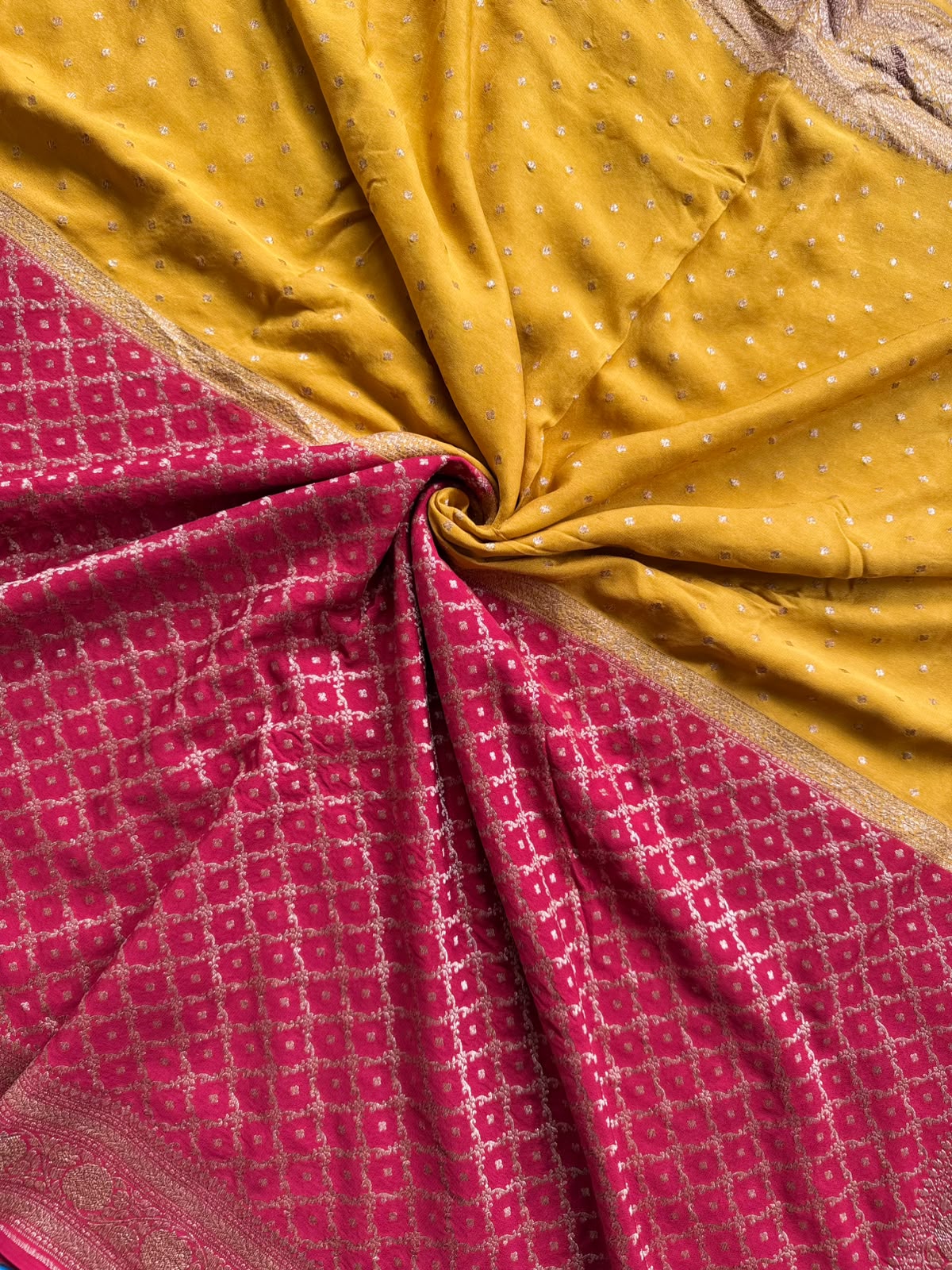 Red n Mustard Half n Half Pure Benarasi Crepe Saree 109