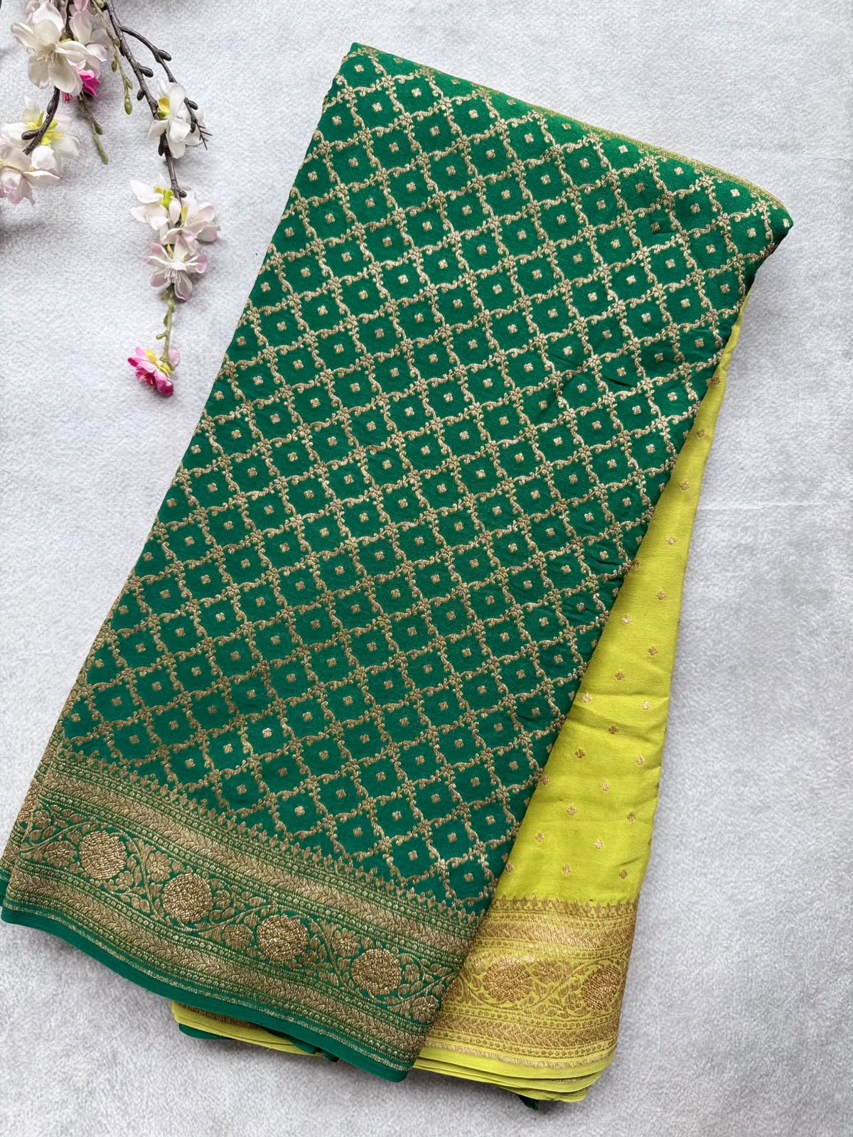 Bottle Green n Pista Green Half n Half Pure Benarasi Crepe Saree 109