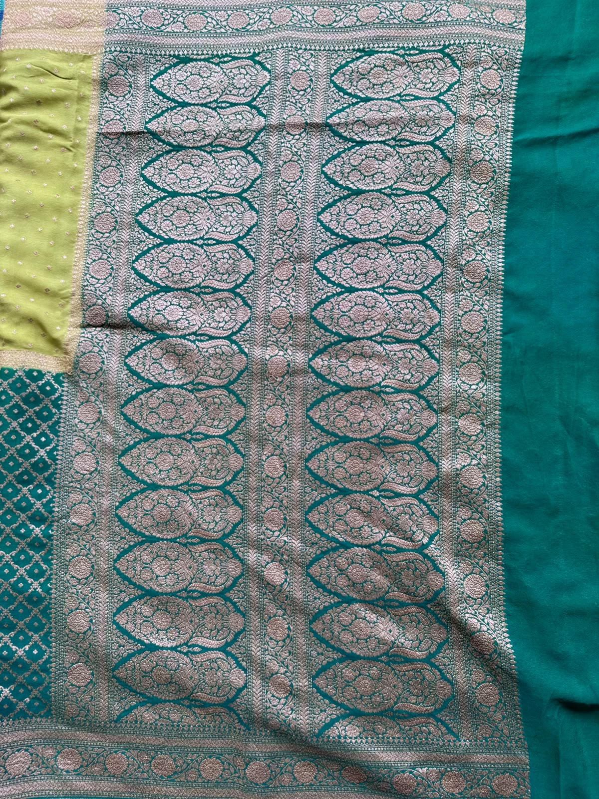 Bottle Green n Pista Green Half n Half Pure Benarasi Crepe Saree 109