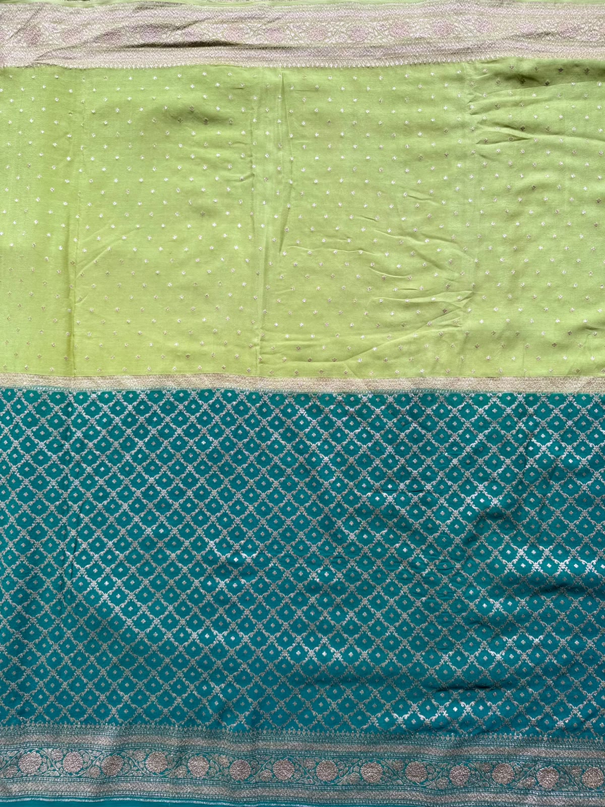 Bottle Green n Pista Green Half n Half Pure Benarasi Crepe Saree 109