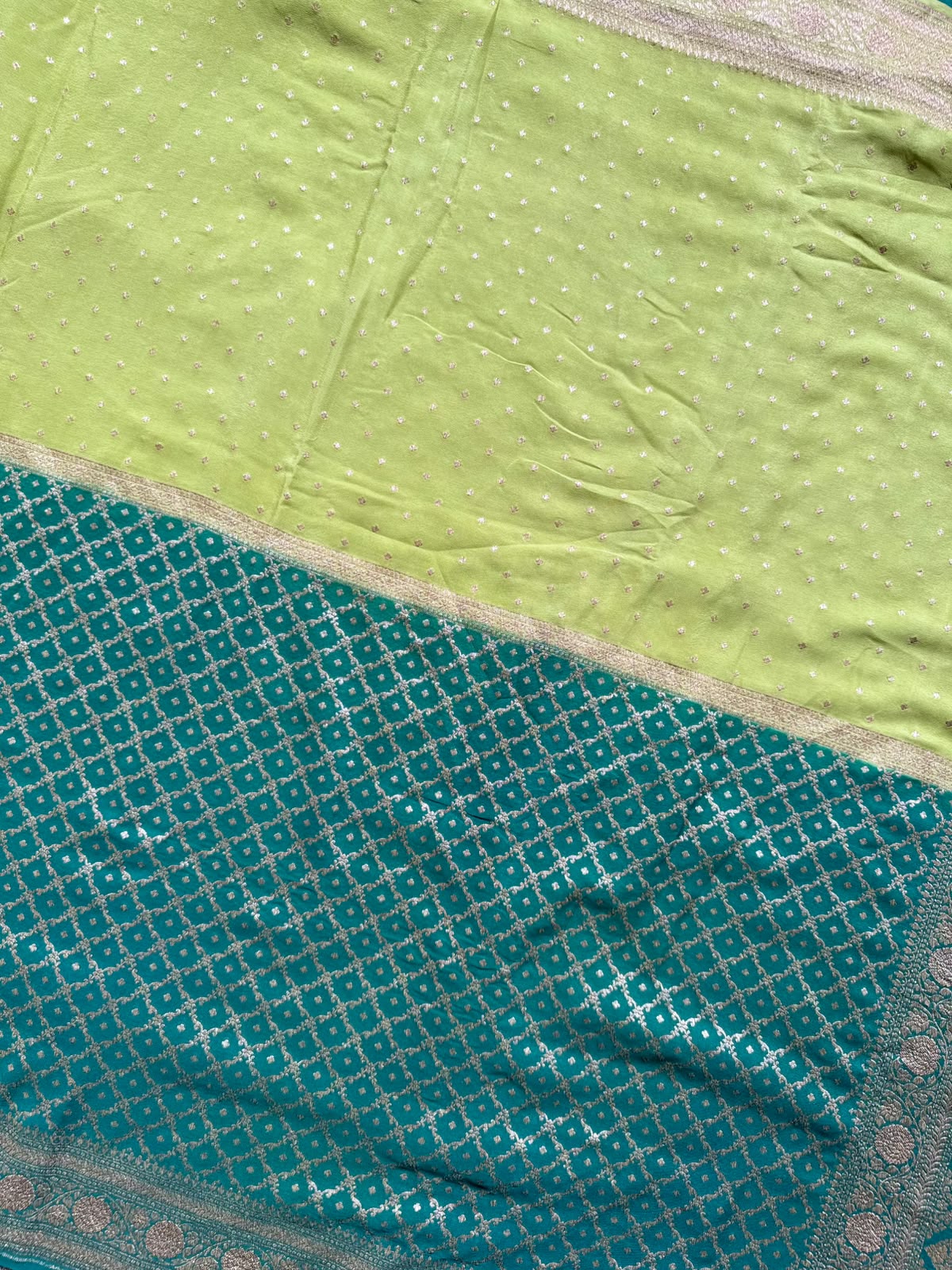 Bottle Green n Pista Green Half n Half Pure Benarasi Crepe Saree 109