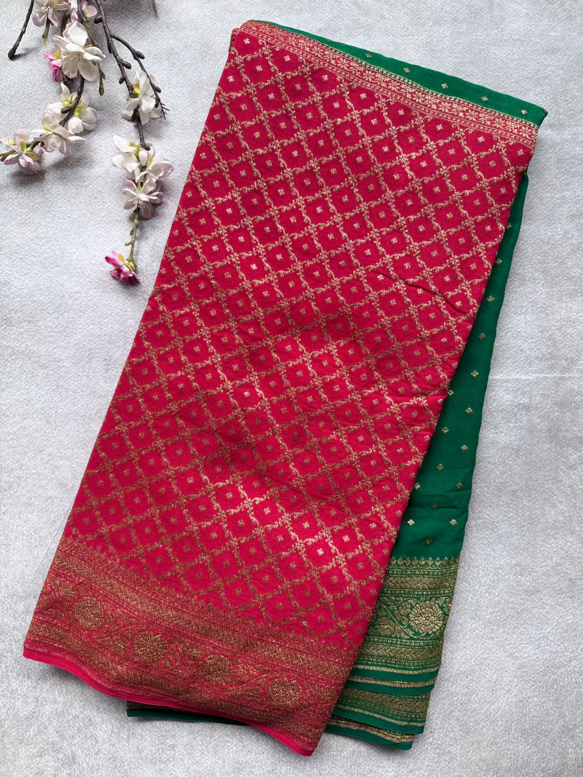 Red n Bottle Green Half n Half Pure Benarasi Crepe Saree 109