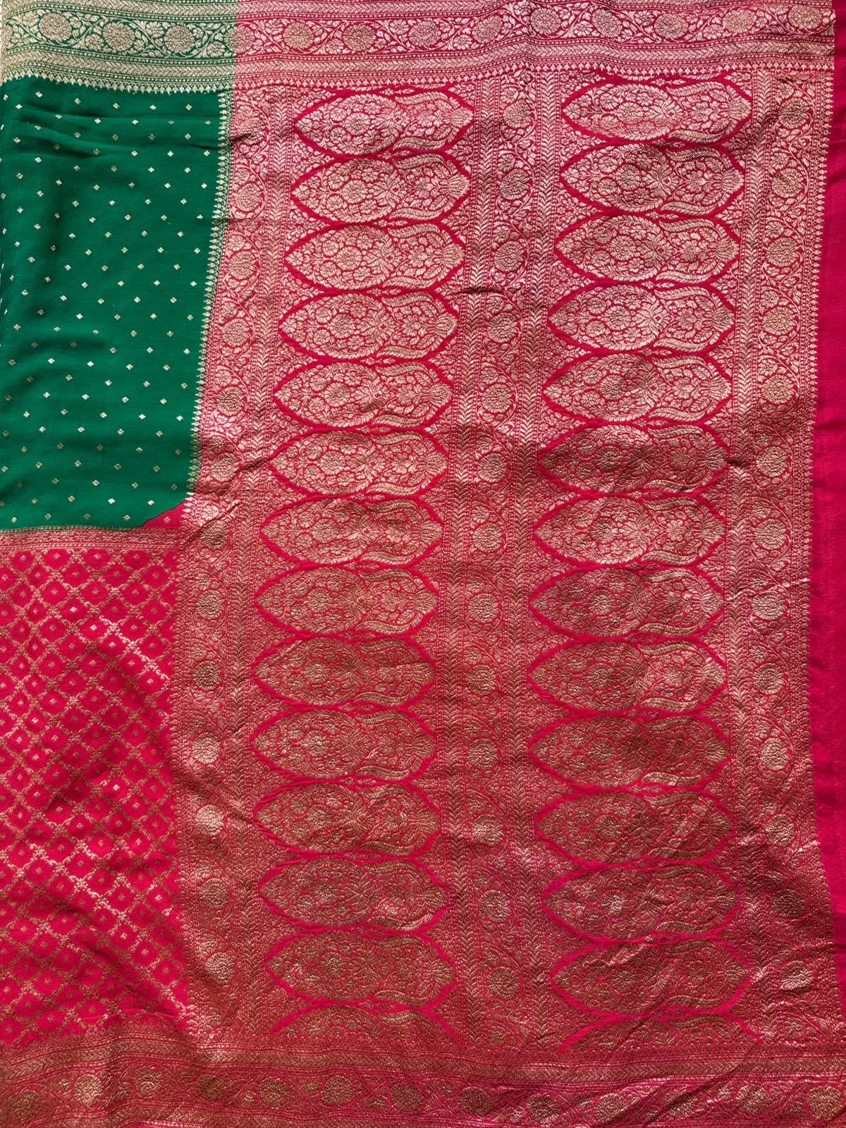 Red n Bottle Green Half n Half Pure Benarasi Crepe Saree 109