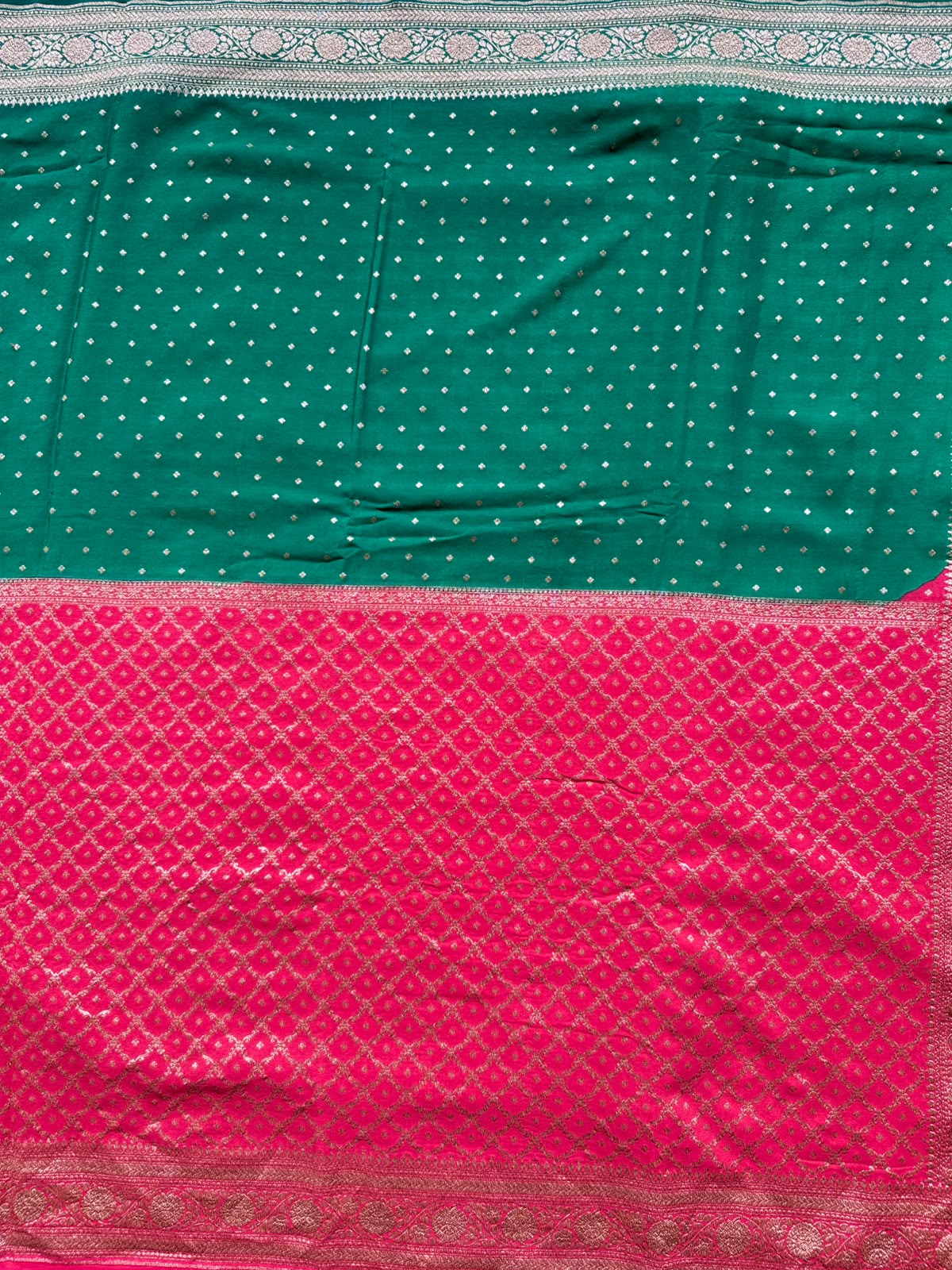 Red n Bottle Green Half n Half Pure Benarasi Crepe Saree 109