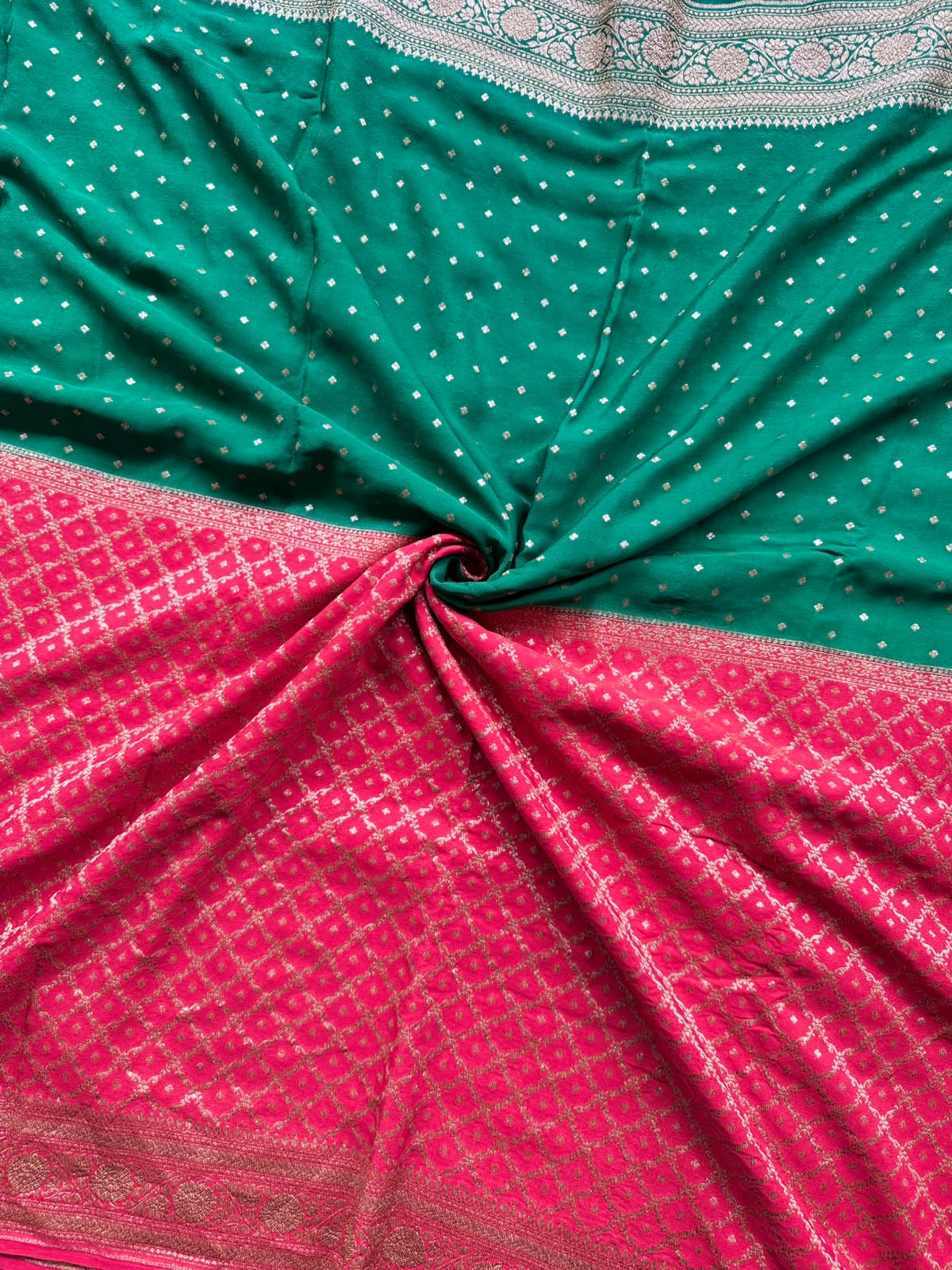 Red n Bottle Green Half n Half Pure Benarasi Crepe Saree 109
