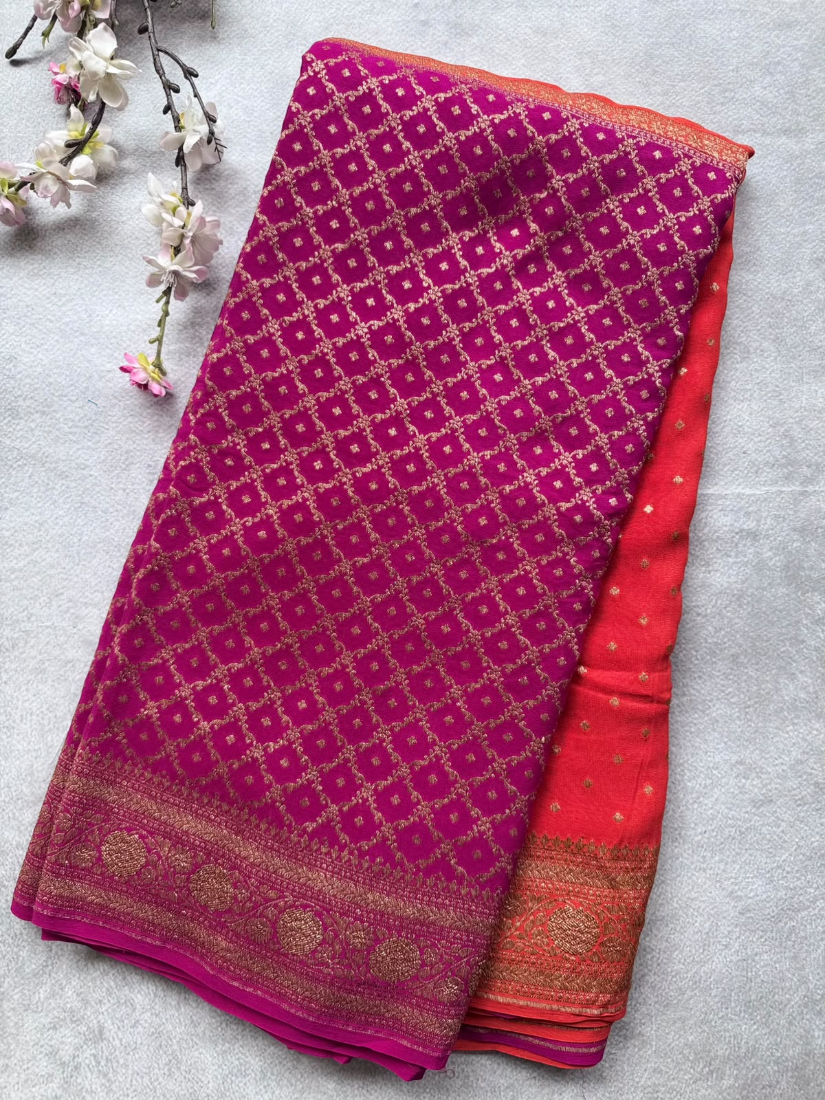 Magenta n Orange Half n Half Pure Benarasi Crepe Saree 109