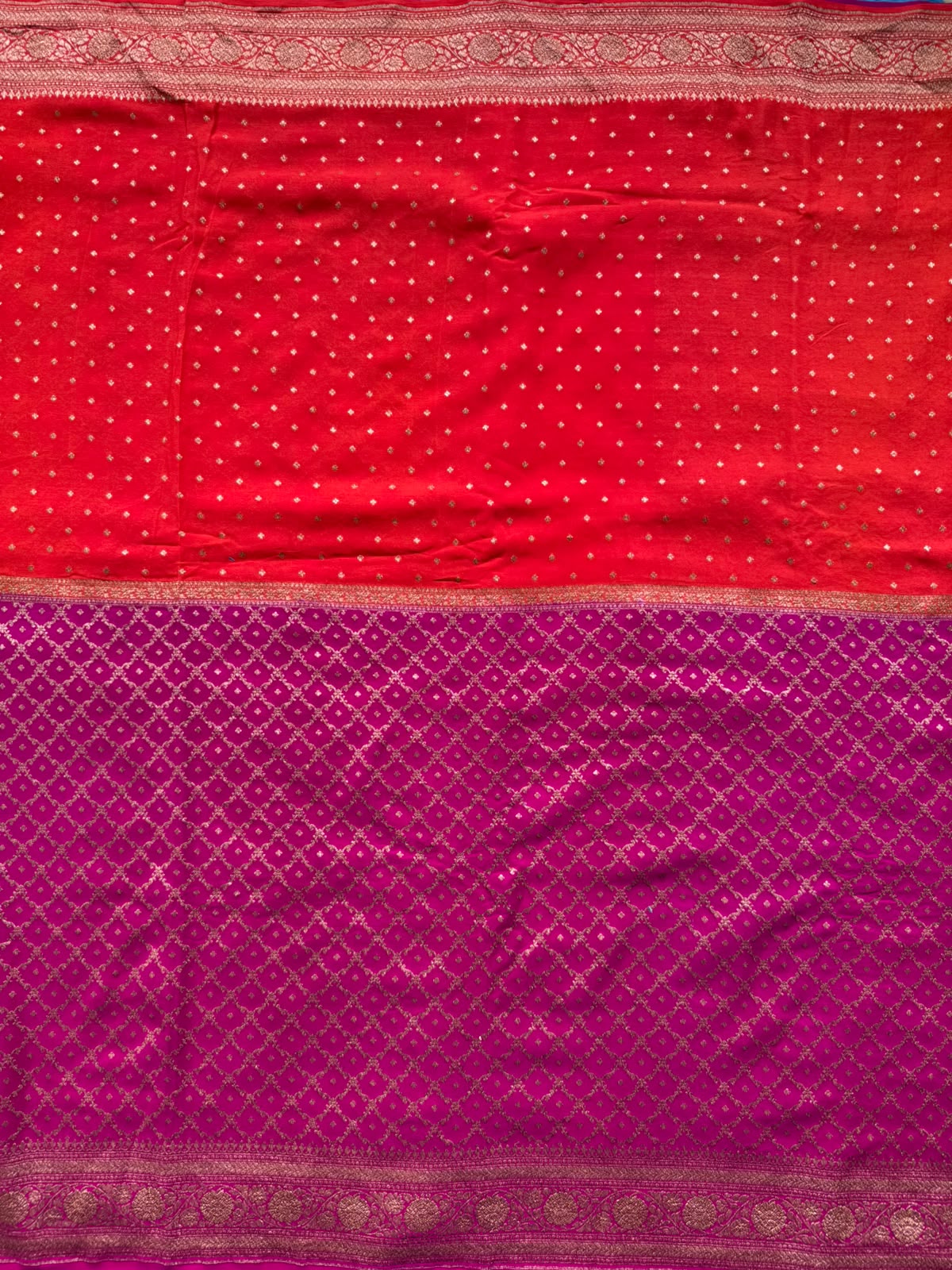 Magenta n Orange Half n Half Pure Benarasi Crepe Saree 109