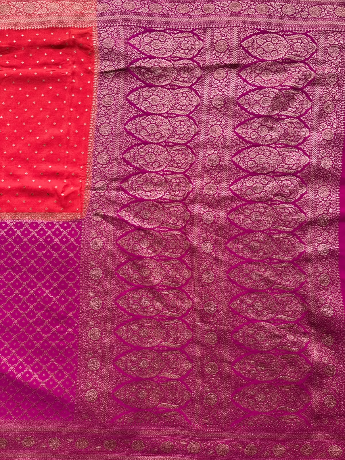 Magenta n Orange Half n Half Pure Benarasi Crepe Saree 109