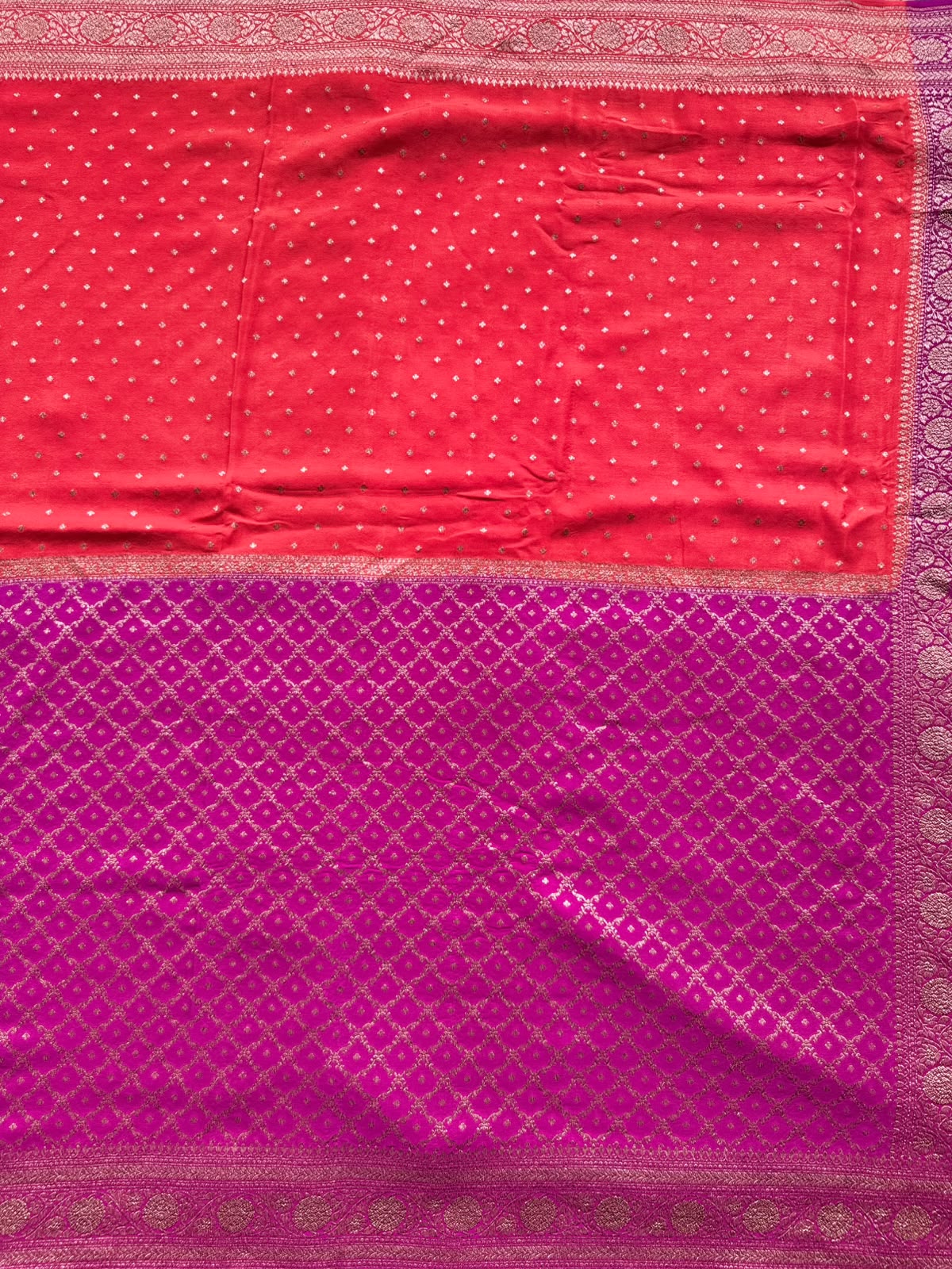 Magenta n Orange Half n Half Pure Benarasi Crepe Saree 109