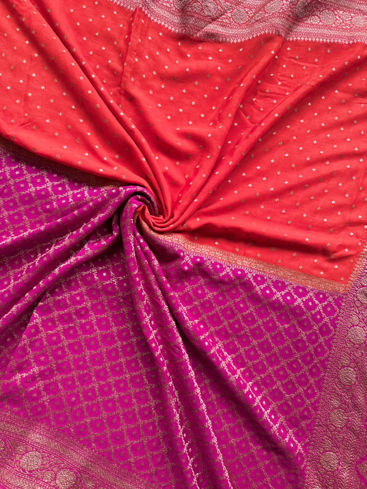 Magenta n Orange Half n Half Pure Benarasi Crepe Saree 109