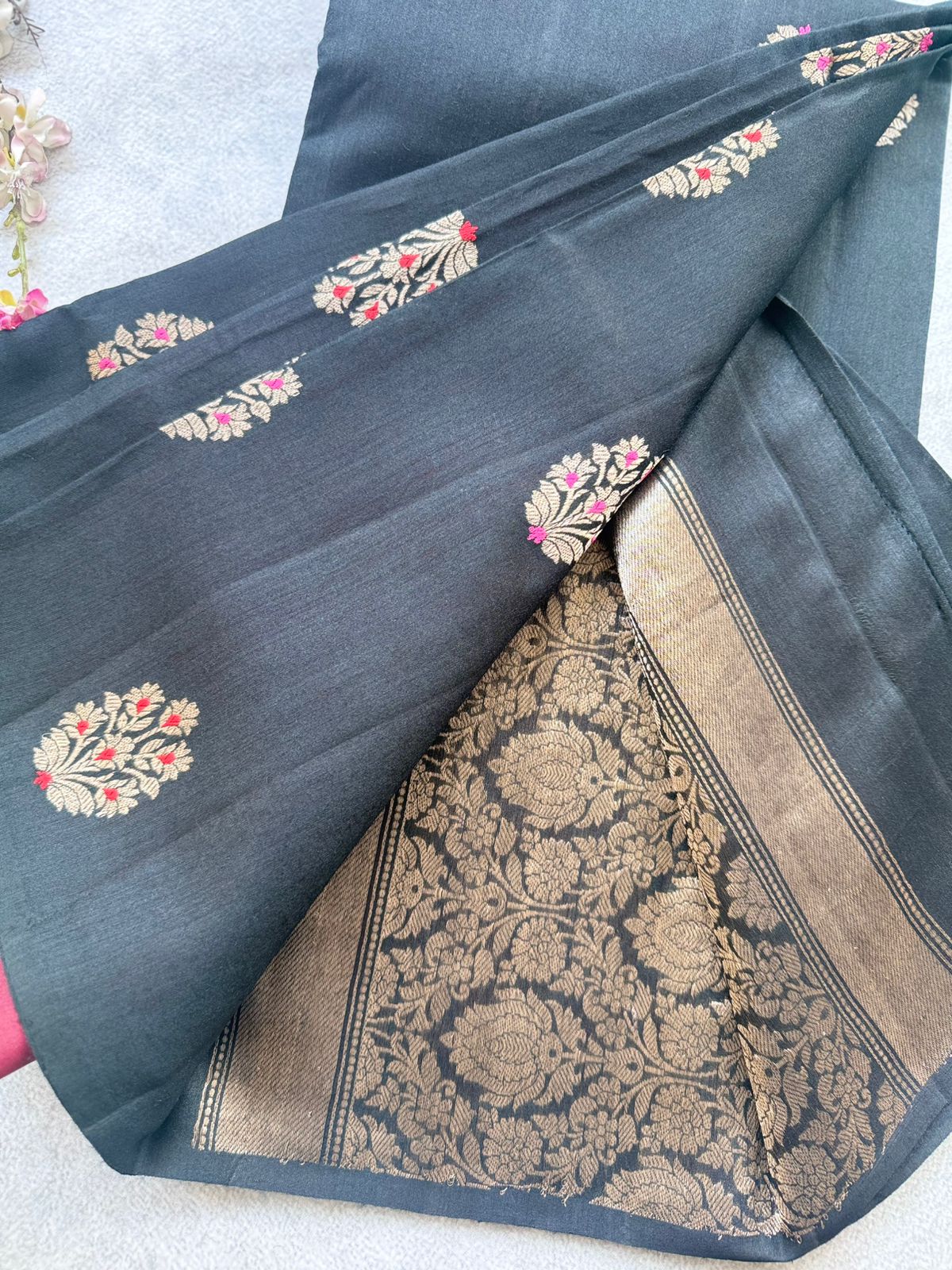 Black Pure Raw Silk Saree 109