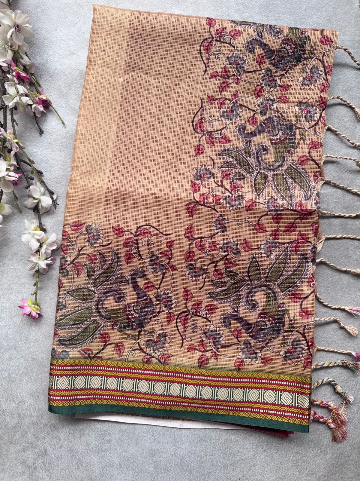 Beige Kalamkari Jute Linen Saree 109