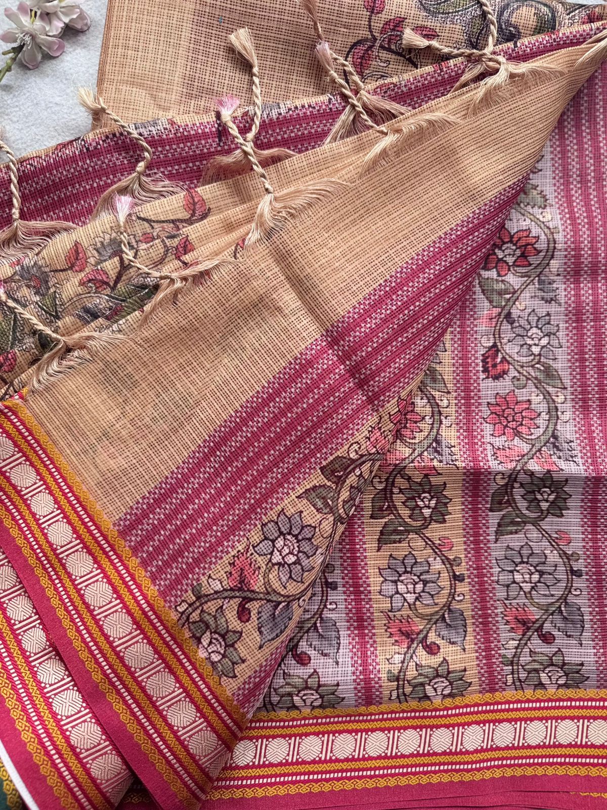 Beige Kalamkari Jute Linen Saree 109