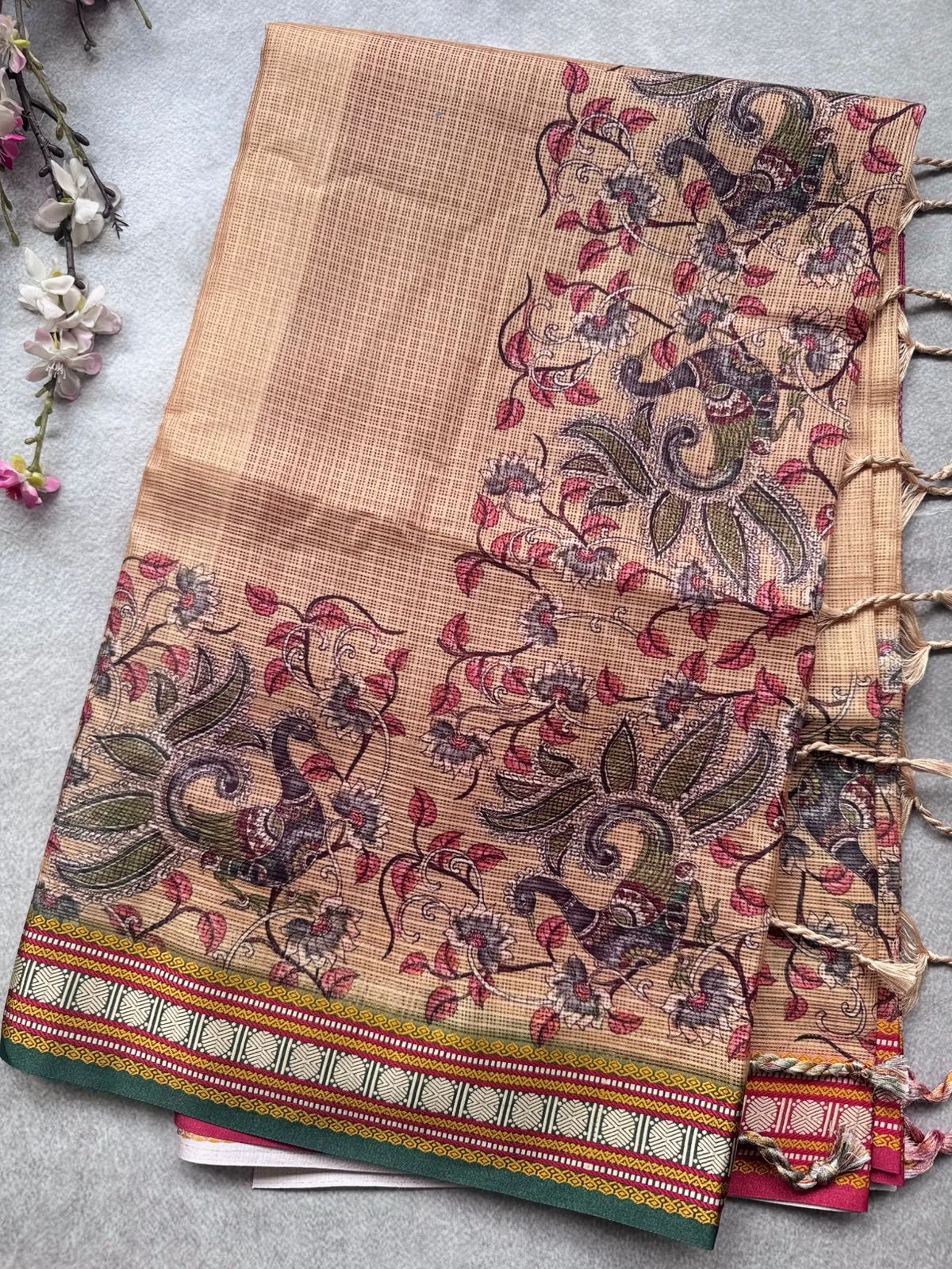 Beige Kalamkari Jute Linen Saree 109