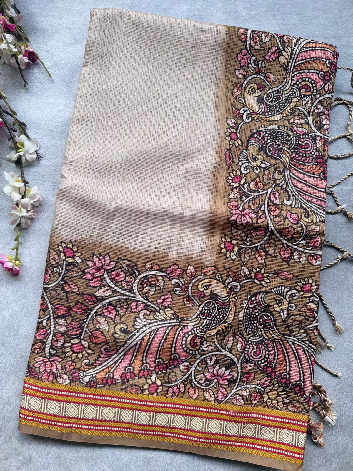 Cream Kalamkari Jute Linen Saree 109