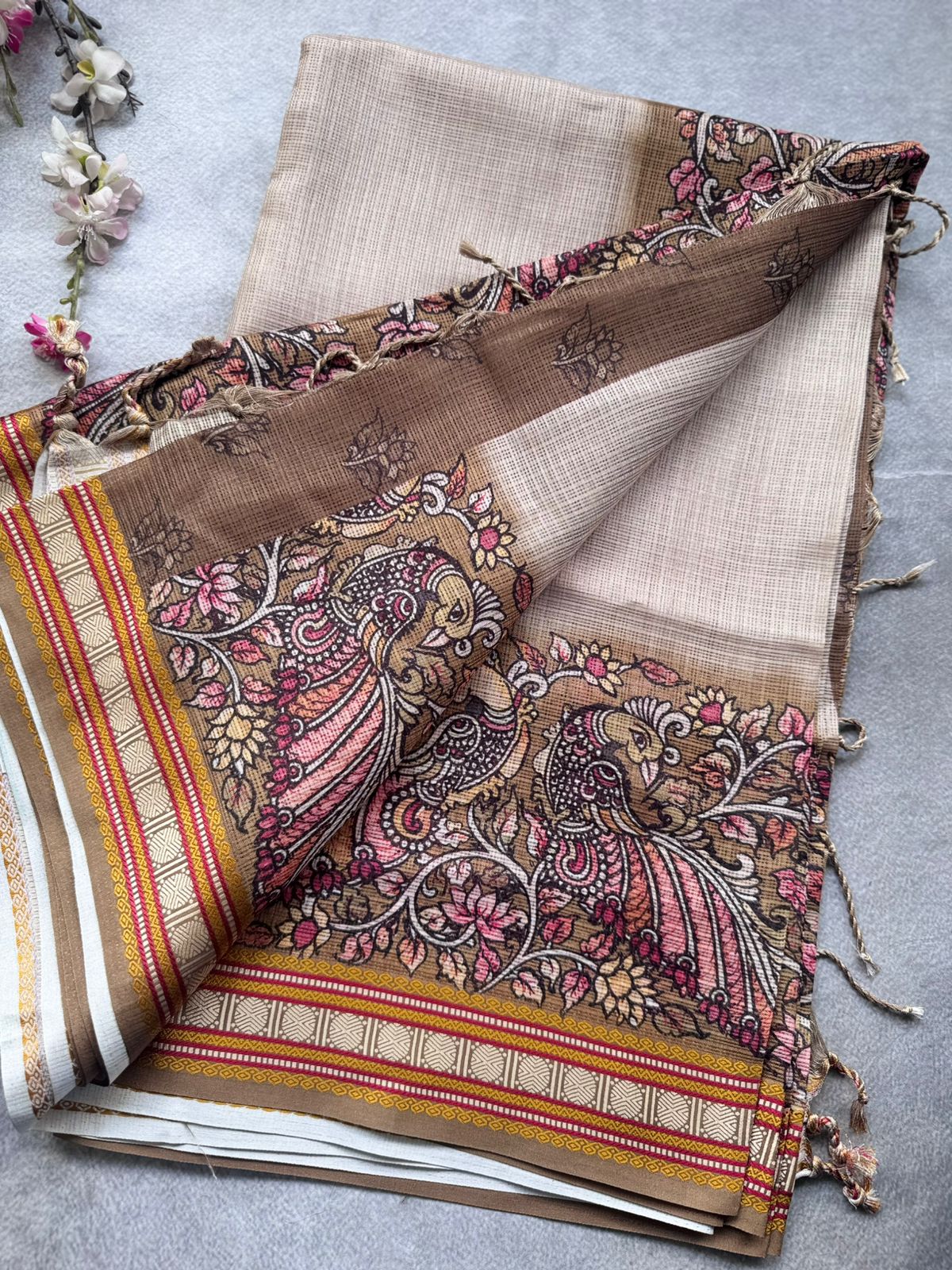 Cream Kalamkari Jute Linen Saree 109