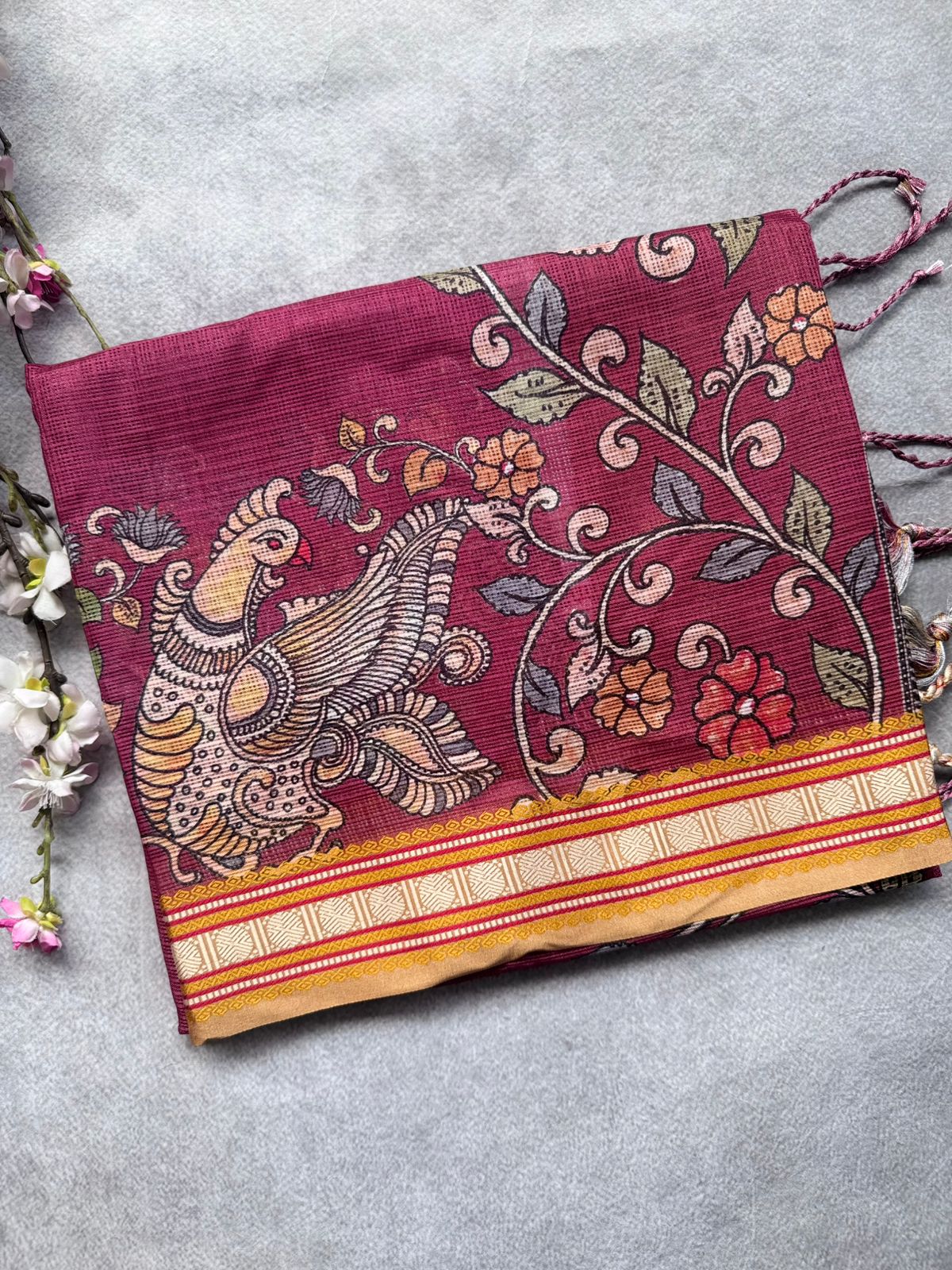 Maroon Kalamkari Jute Linen Saree 109