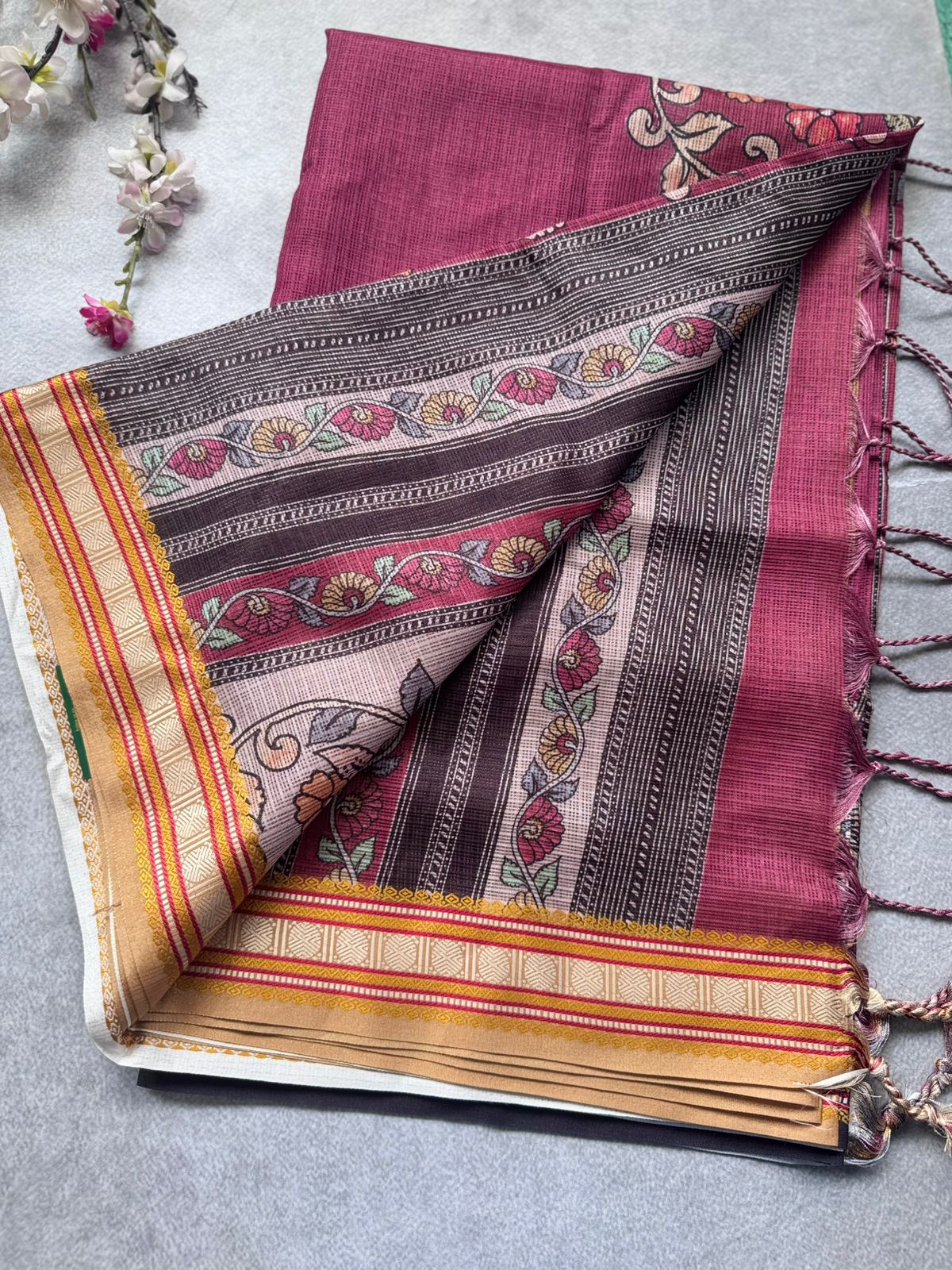 Maroon Kalamkari Jute Linen Saree 109