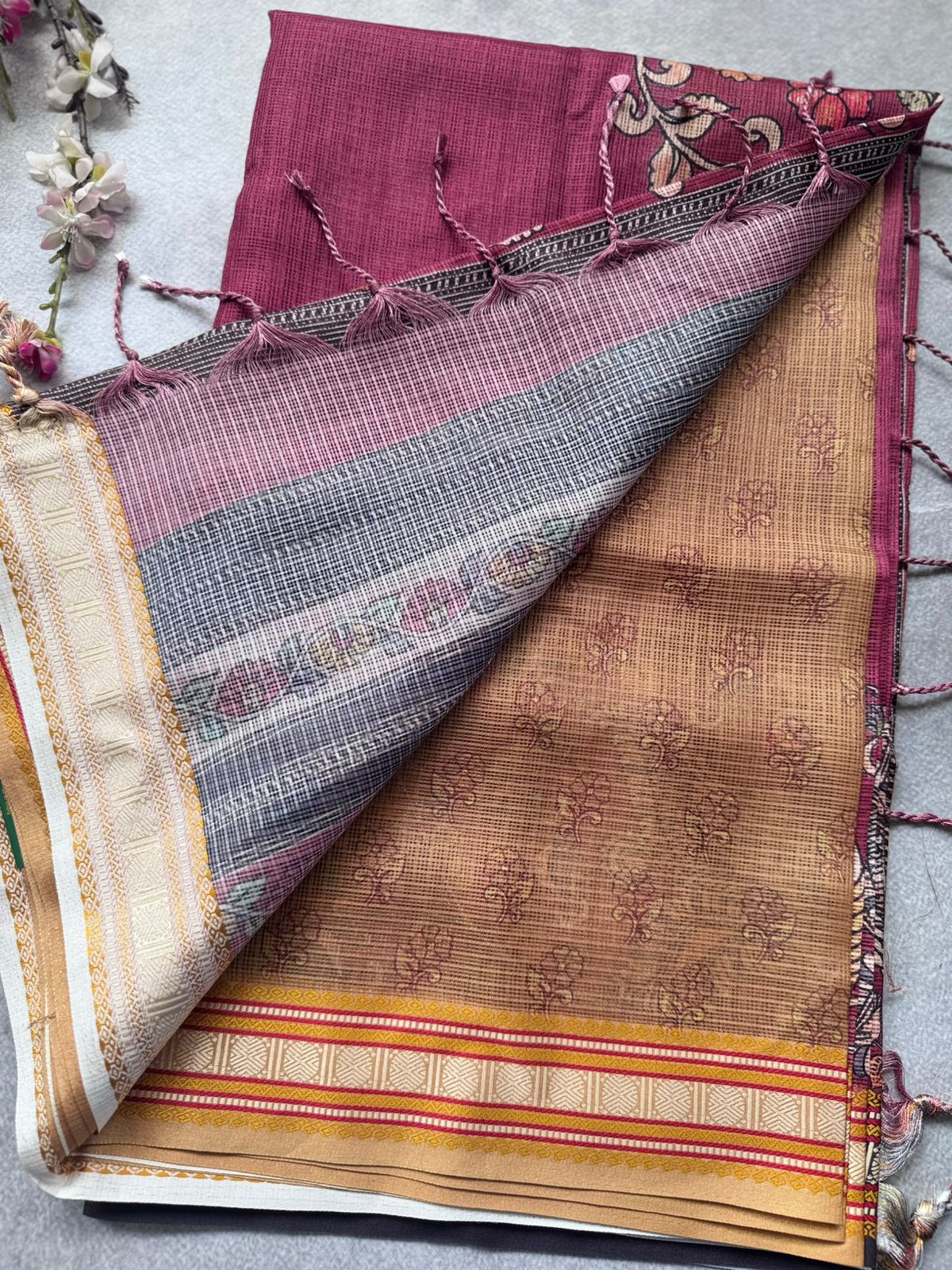 Maroon Kalamkari Jute Linen Saree 109