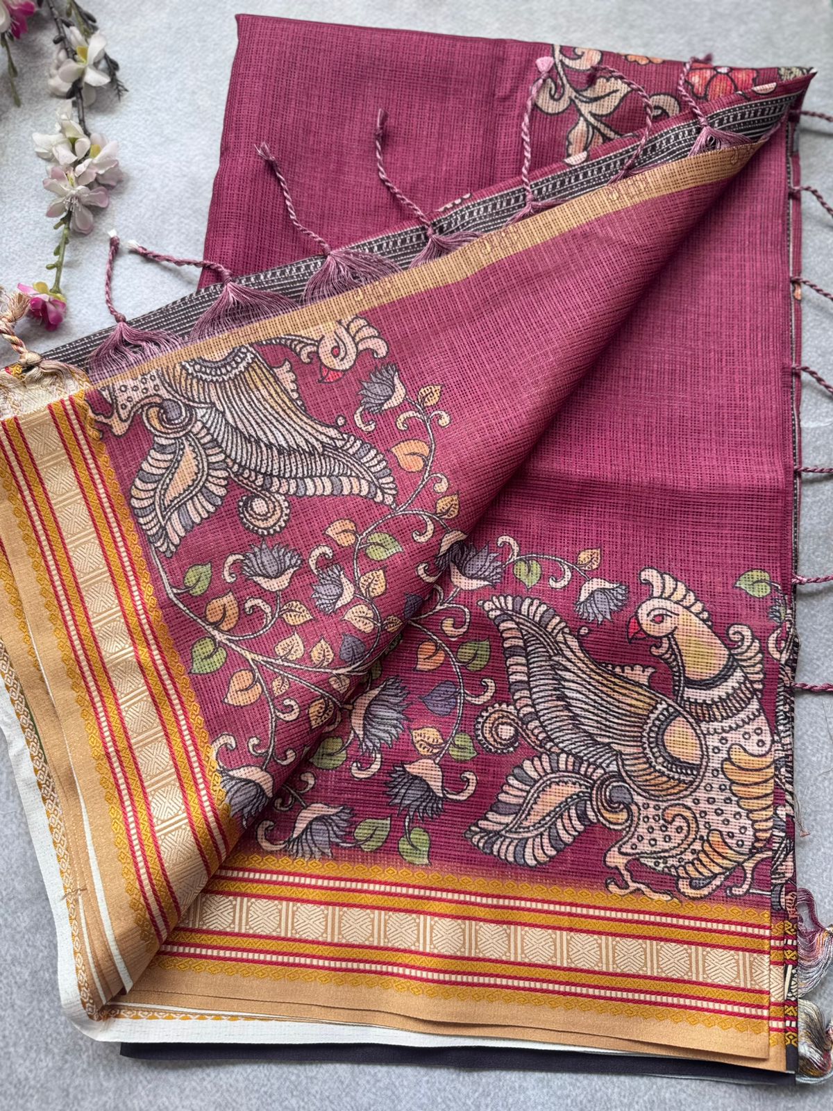 Maroon Kalamkari Jute Linen Saree 109
