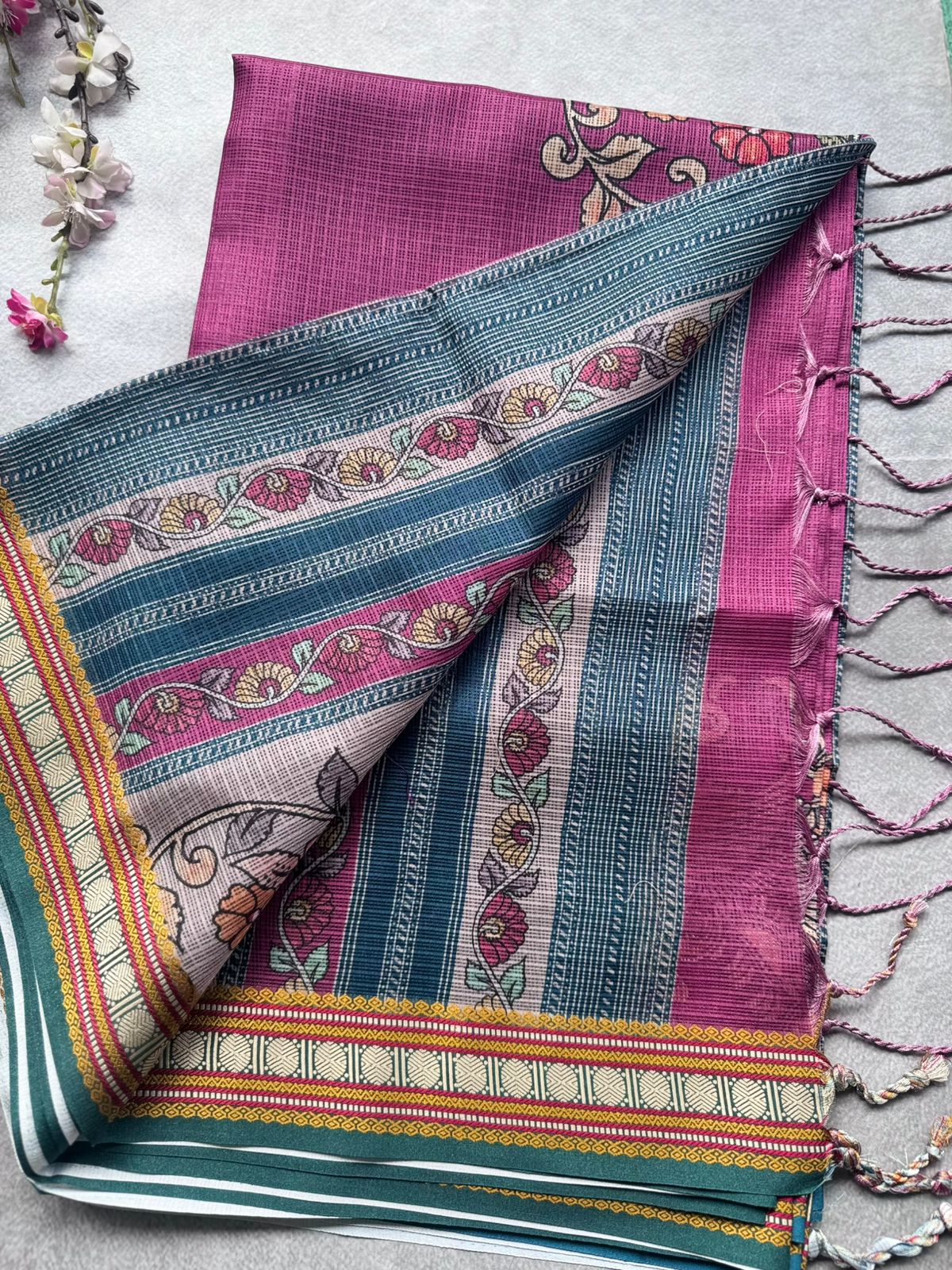 Pink Kalamkari Jute Linen Saree 109