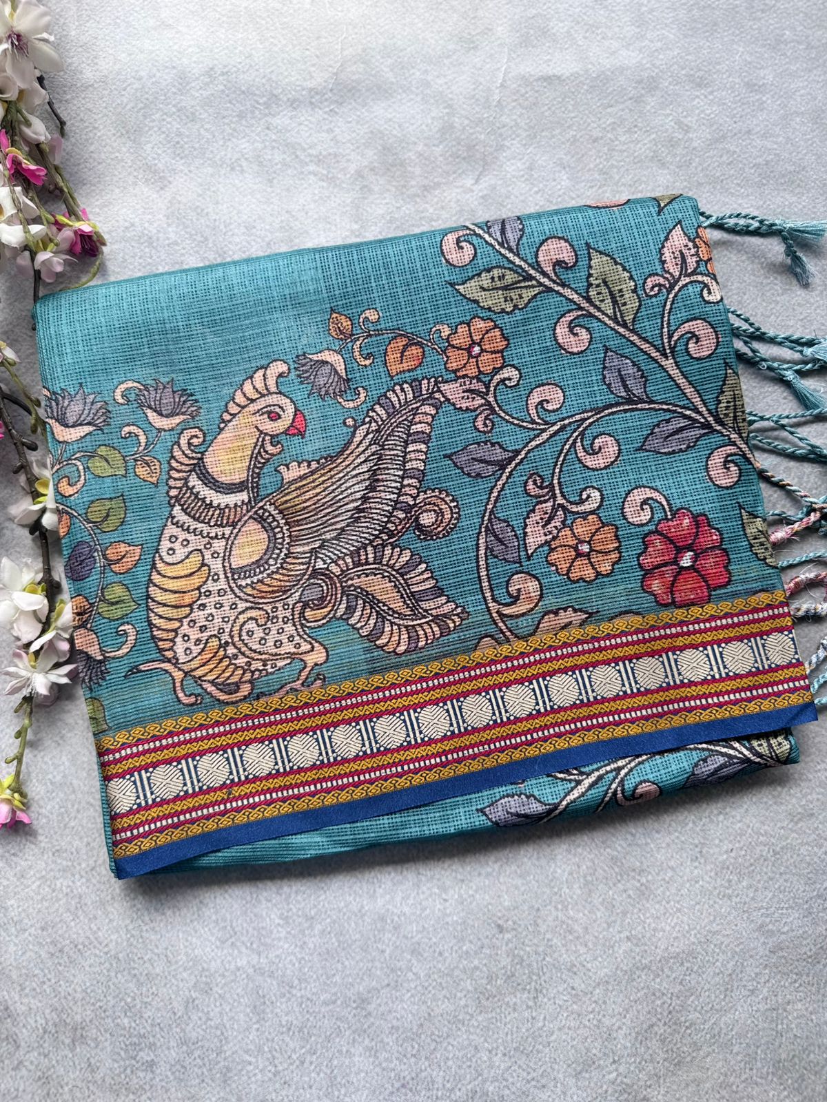 Teal Kalamkari Jute Linen Saree 109