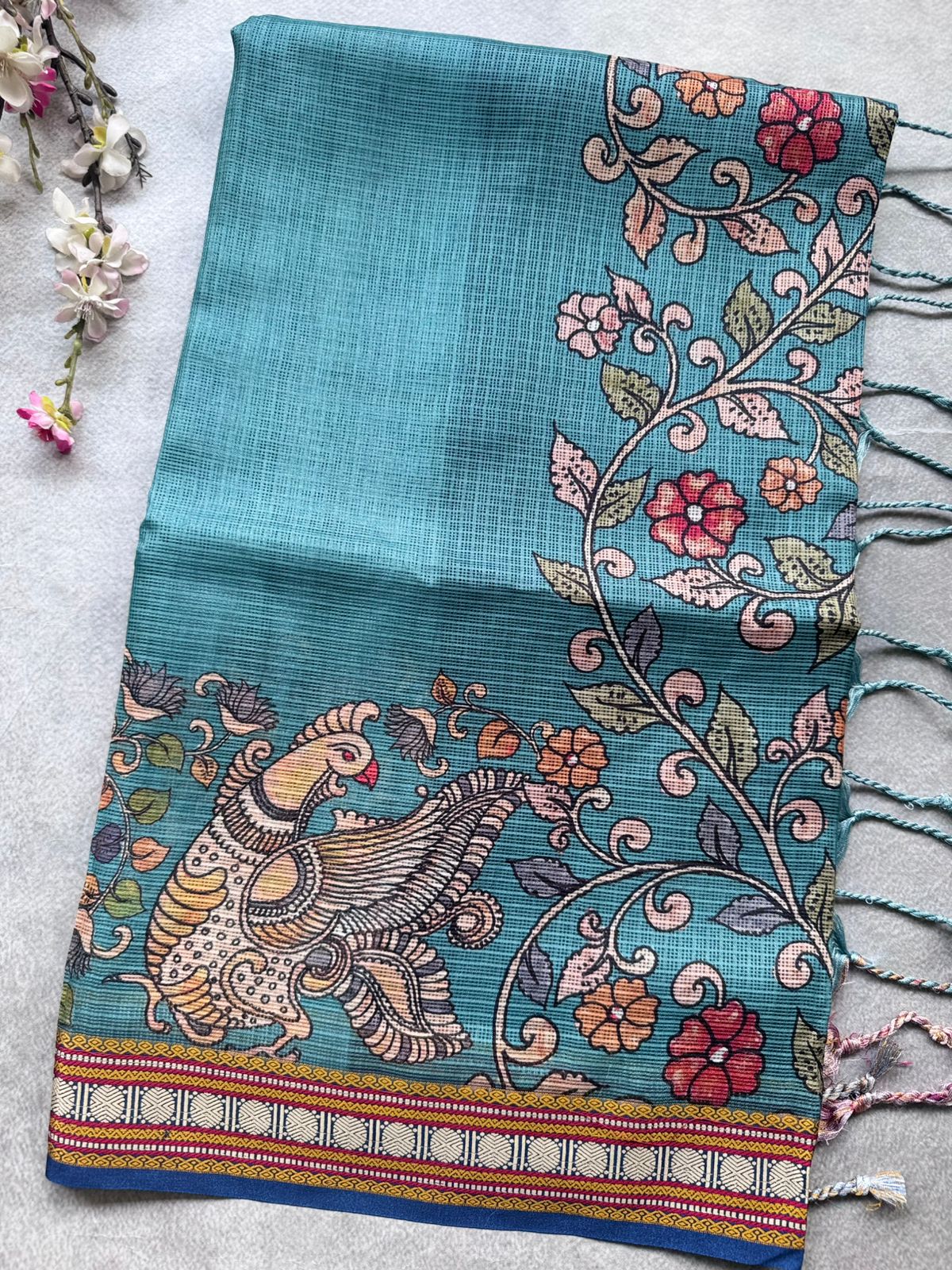 Teal Kalamkari Jute Linen Saree 109