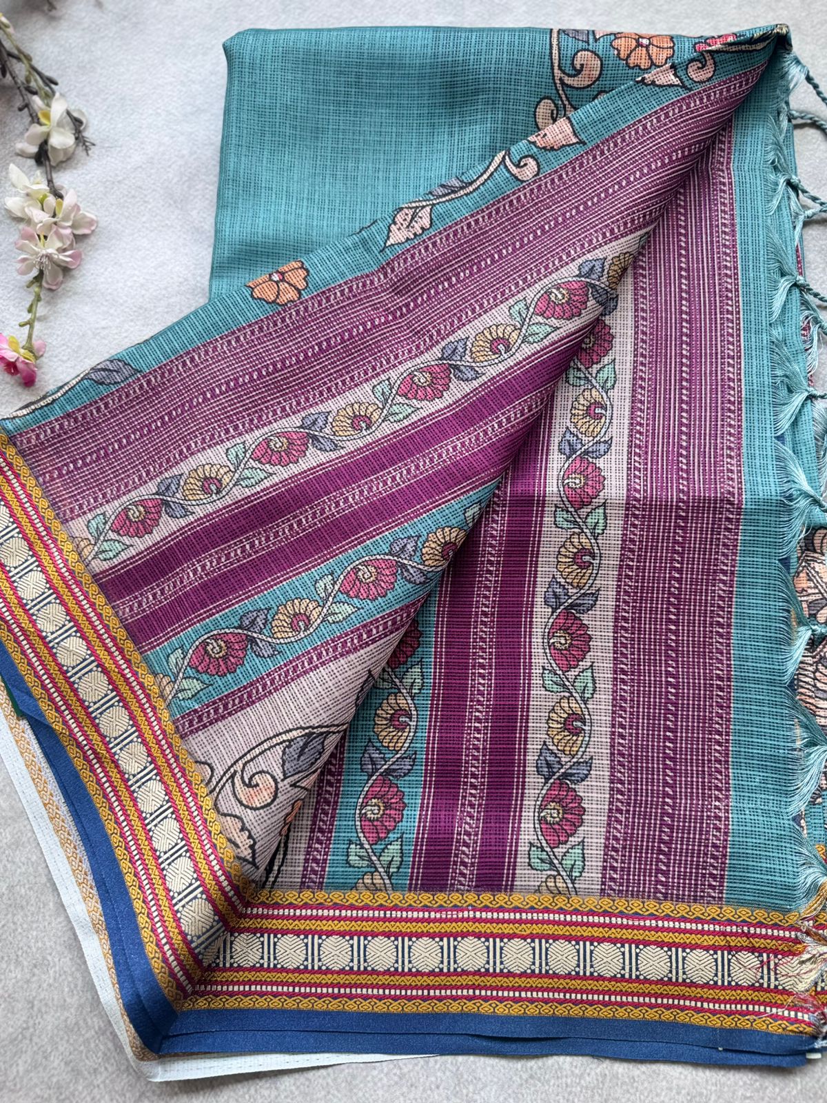 Teal Kalamkari Jute Linen Saree 109