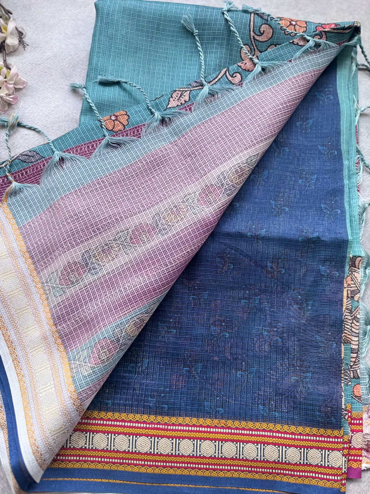Teal Kalamkari Jute Linen Saree 109