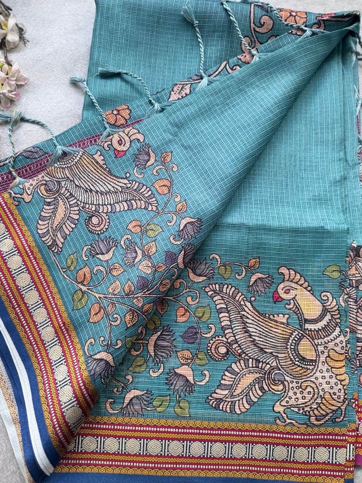 Teal Kalamkari Jute Linen Saree 109