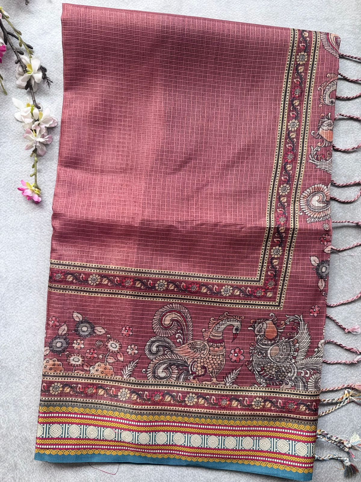 Peach Kalamkari Jute Linen Saree 109