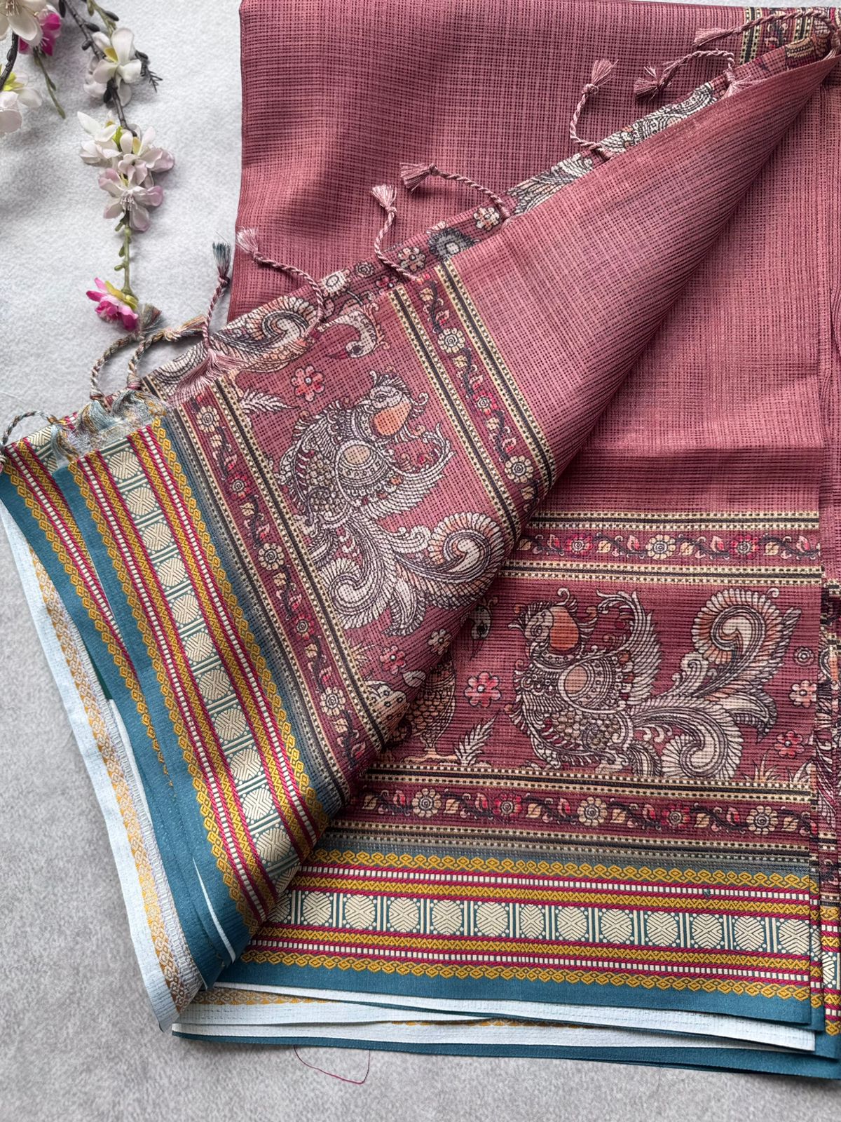 Peach Kalamkari Jute Linen Saree 109