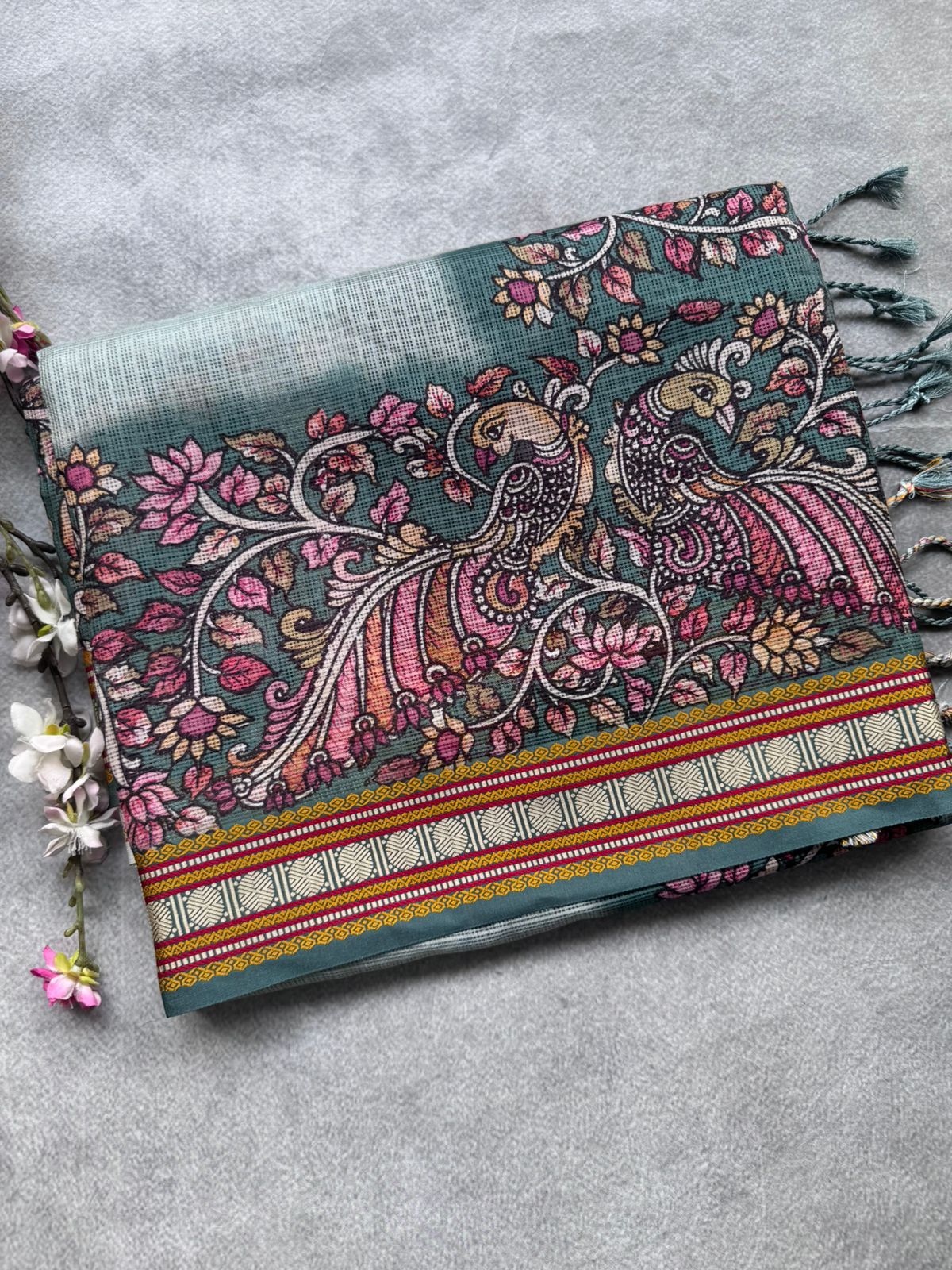 Pastel Green Kalamkari Jute Linen Saree 109