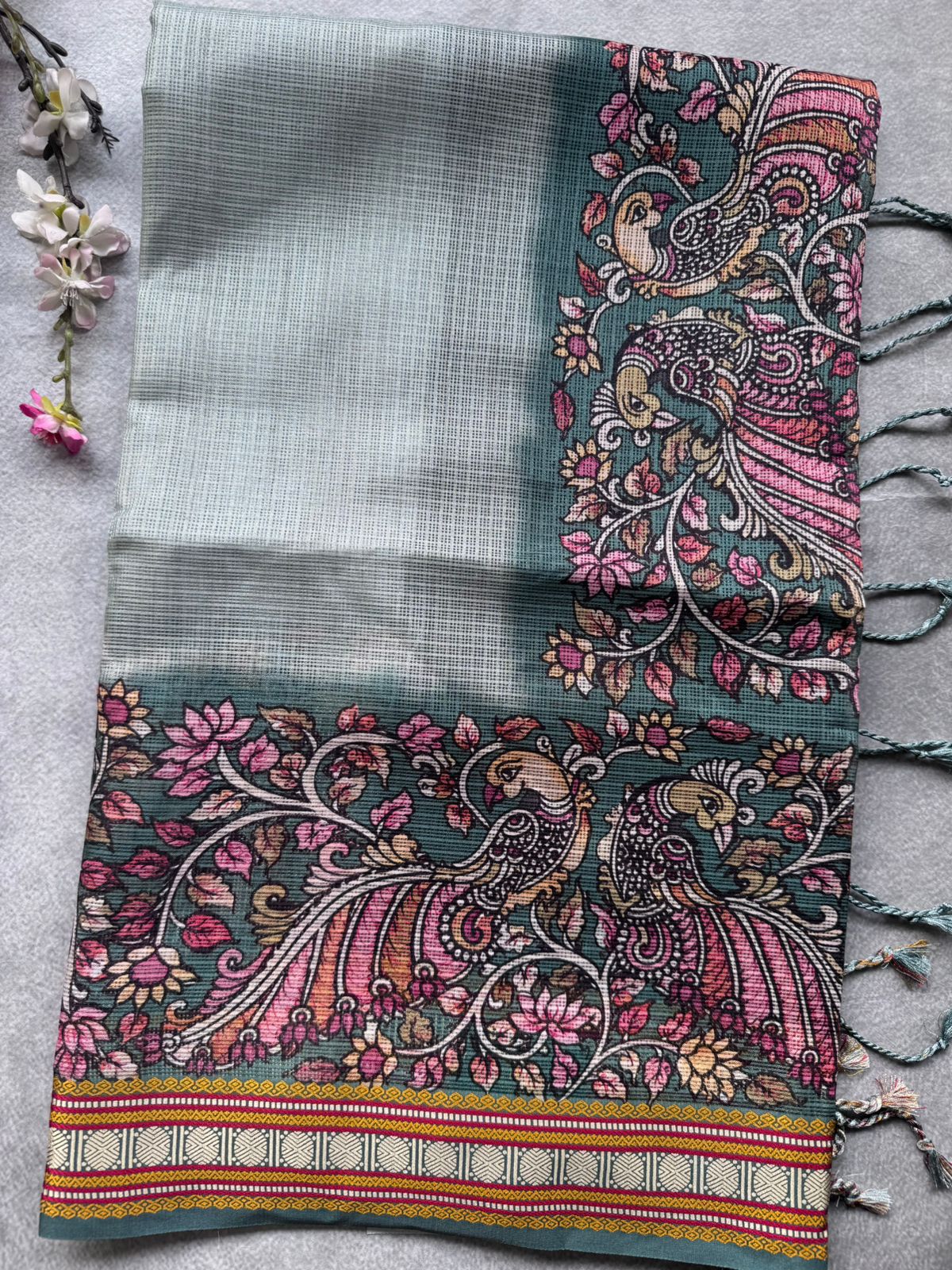Pastel Green Kalamkari Jute Linen Saree 109