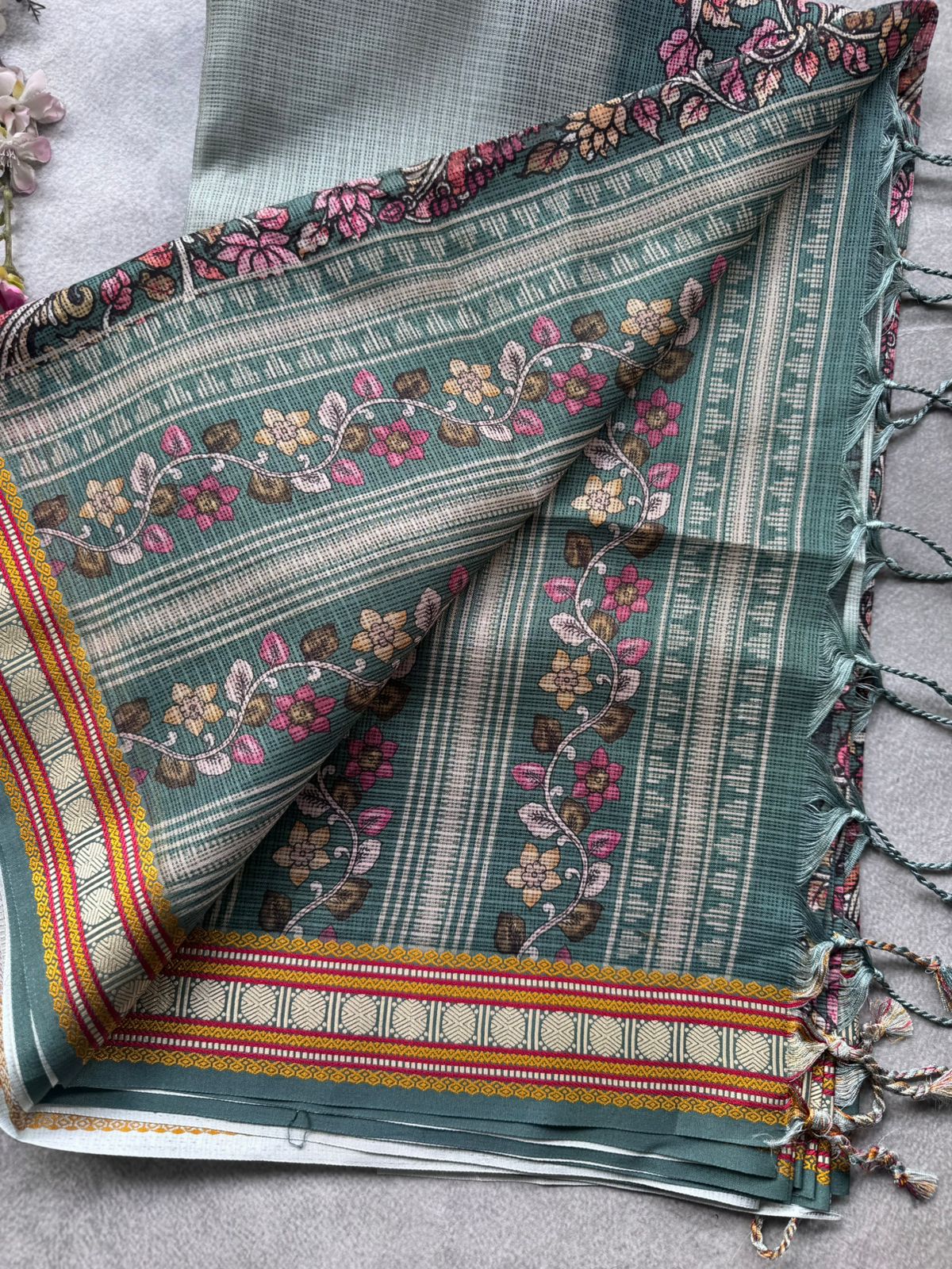 Pastel Green Kalamkari Jute Linen Saree 109